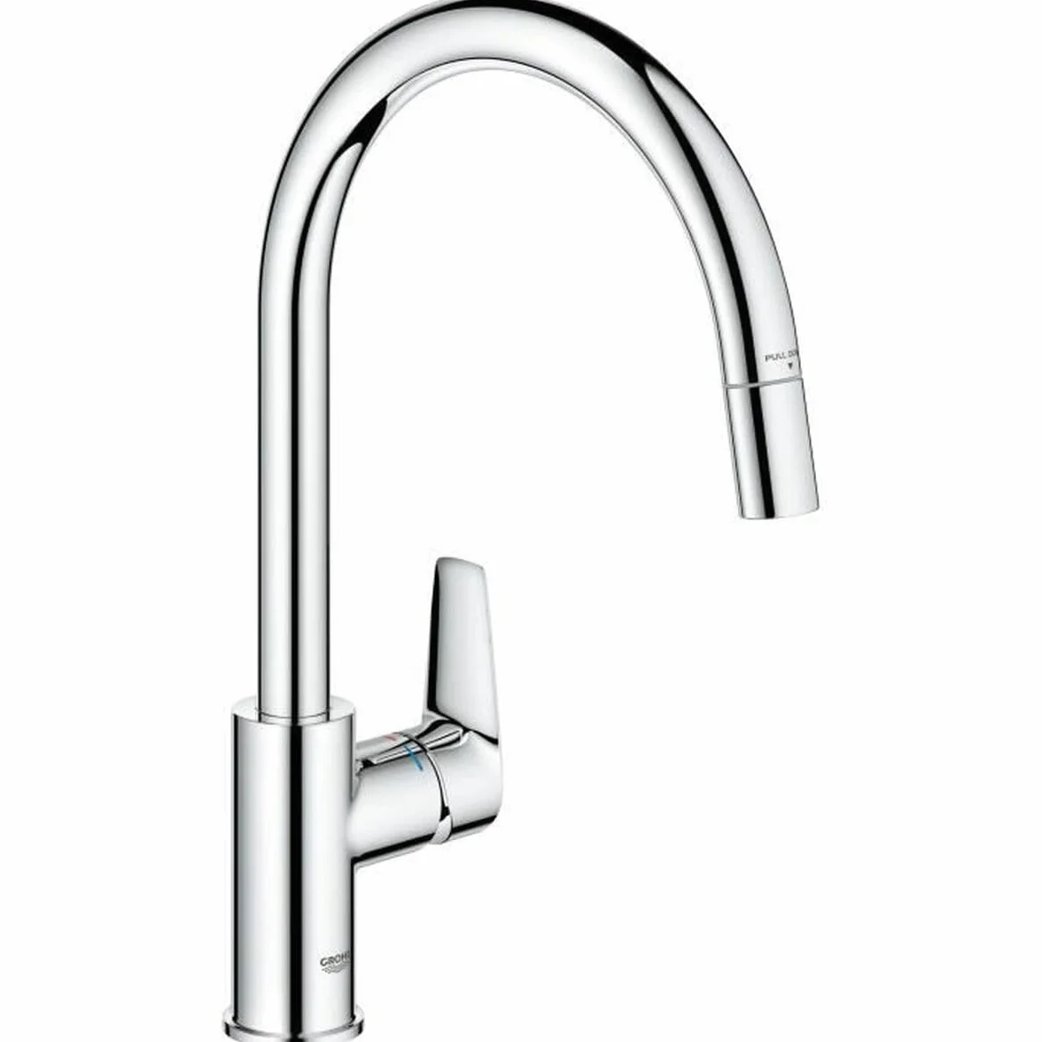 GROHE Start Edge 30550000 bateria kuchenna z wyciąganą wysoką wylewką, kształt C, obracana o 360°, instalacja QuickFix, ekologiczny ogranicznik przepływu, chrom