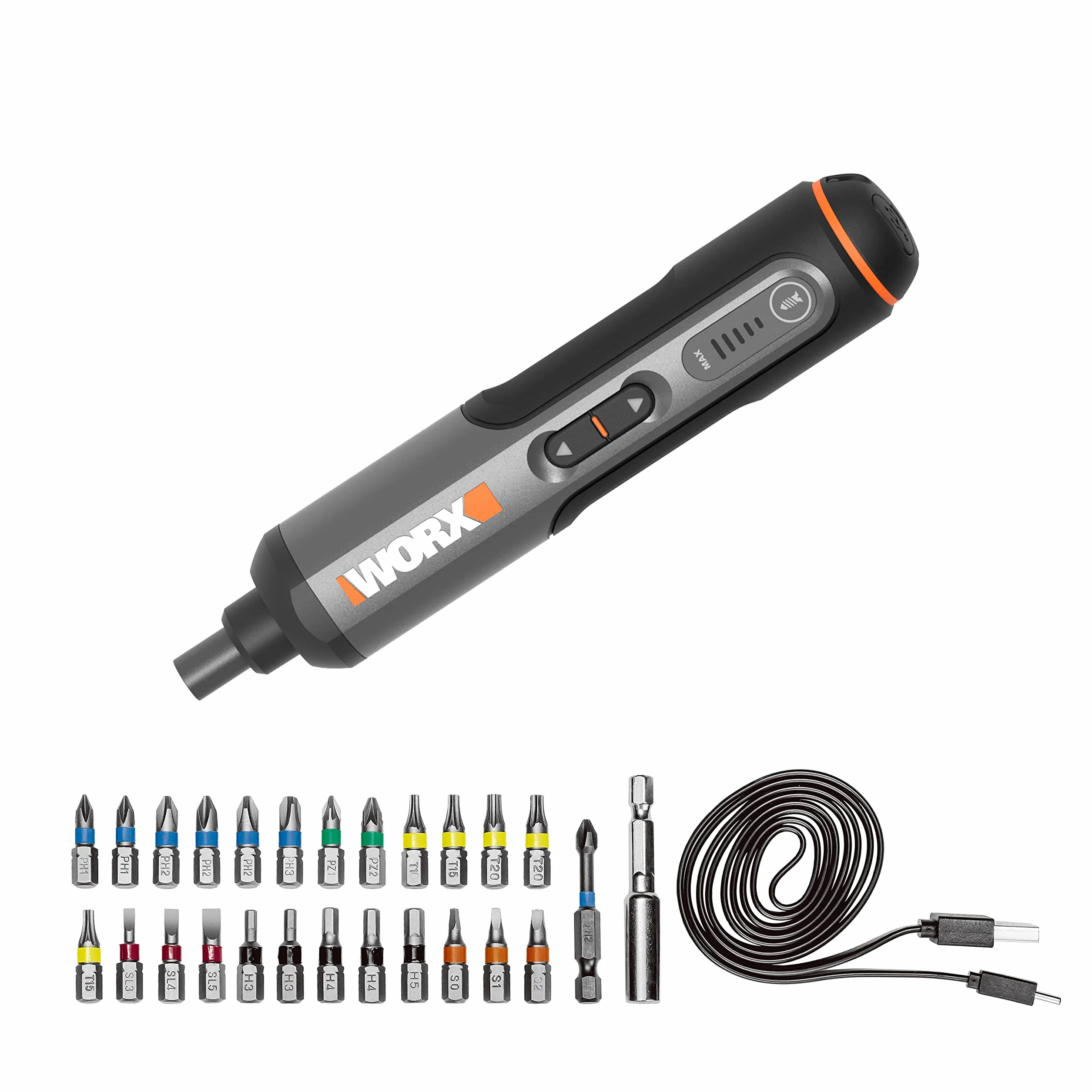 WORX WX240 3,6 V (4 V MAX) mini śrubokręt elektryczny z 3-biegowym momentem obrotowym, moc 5 Nm, 24 szt. bitów do śrubokrętów, światło LED, lekki, bezprzewodowy, ładowanie USB C, idealny do projektów