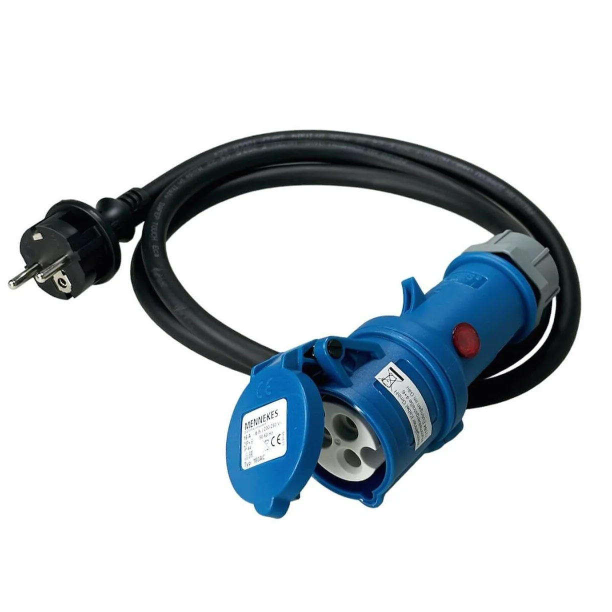 Zestaw 2 adapterów CEE Powerlight 1,5 m ze wskaźnikiem napięcia – 2 x adapter CEE Schuko H07RN-F 3G2,5, 16 A, 230 V IP44 – adapter kempingowy z lampką kontrolną, wysokiej jakości kabel Made