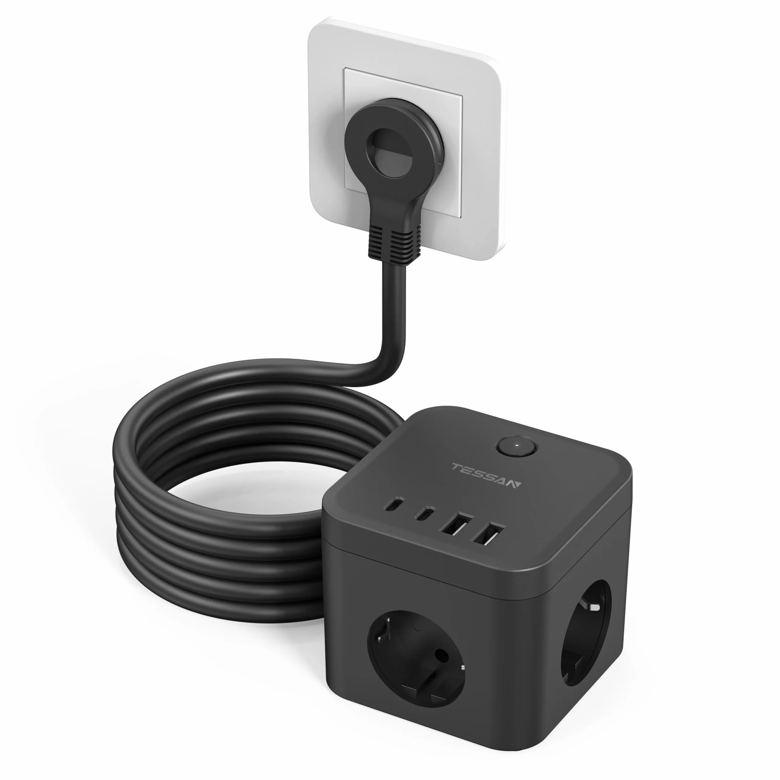 TESSAN Listwa zasilająca, płaska wtyczka PD, 20 W, szybkie ładowanie, 3 gniazda wtykowe z 2 gniazdami USB C i 2 USB A, kostka z przełącznikiem, przedłużacz 1,5 m, wtyczka wielokrotna, do biura, czarna