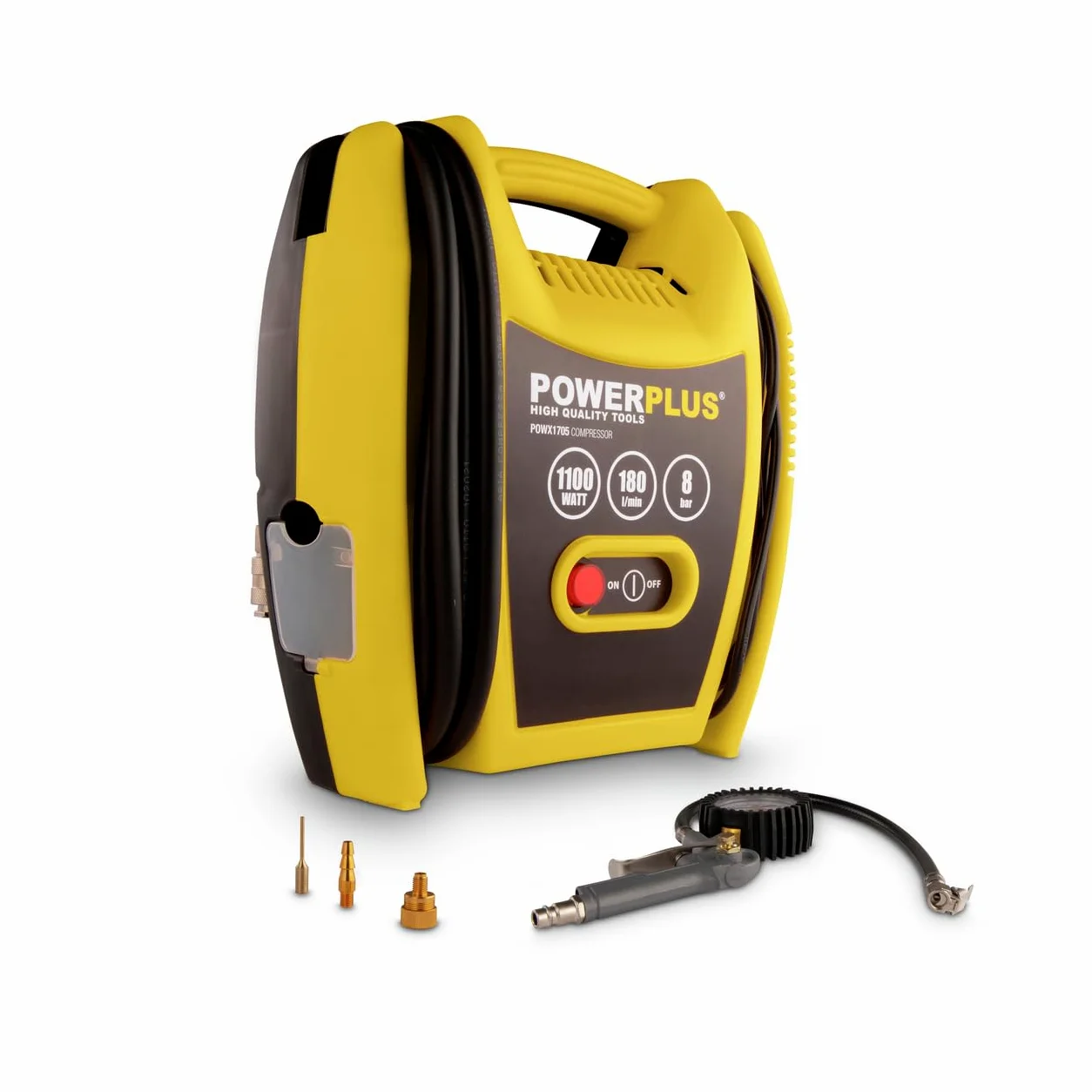 Powerplus POWX1705 sprężarka powietrza przenośna z wężem 3 m – sprężarka powietrza z pompką powietrza do roweru – 1100 W i 8 barów – z 8 akcesoriami do kompresora