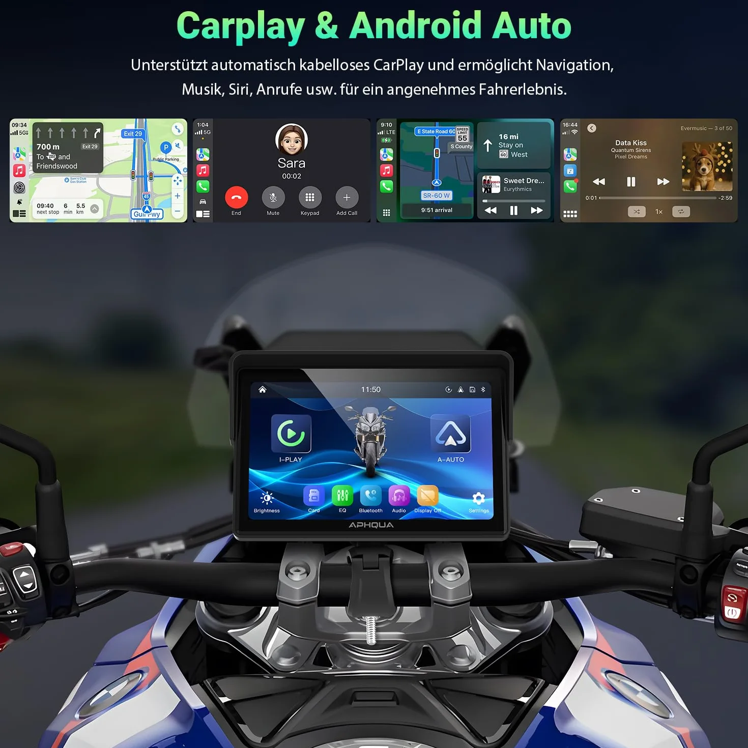Bezprzewodowy wyświetlacz Carplay do motocykla 5" wodoszczelny ekran dotykowy CarPlay Android Auto Bluetooth GPS Siri
