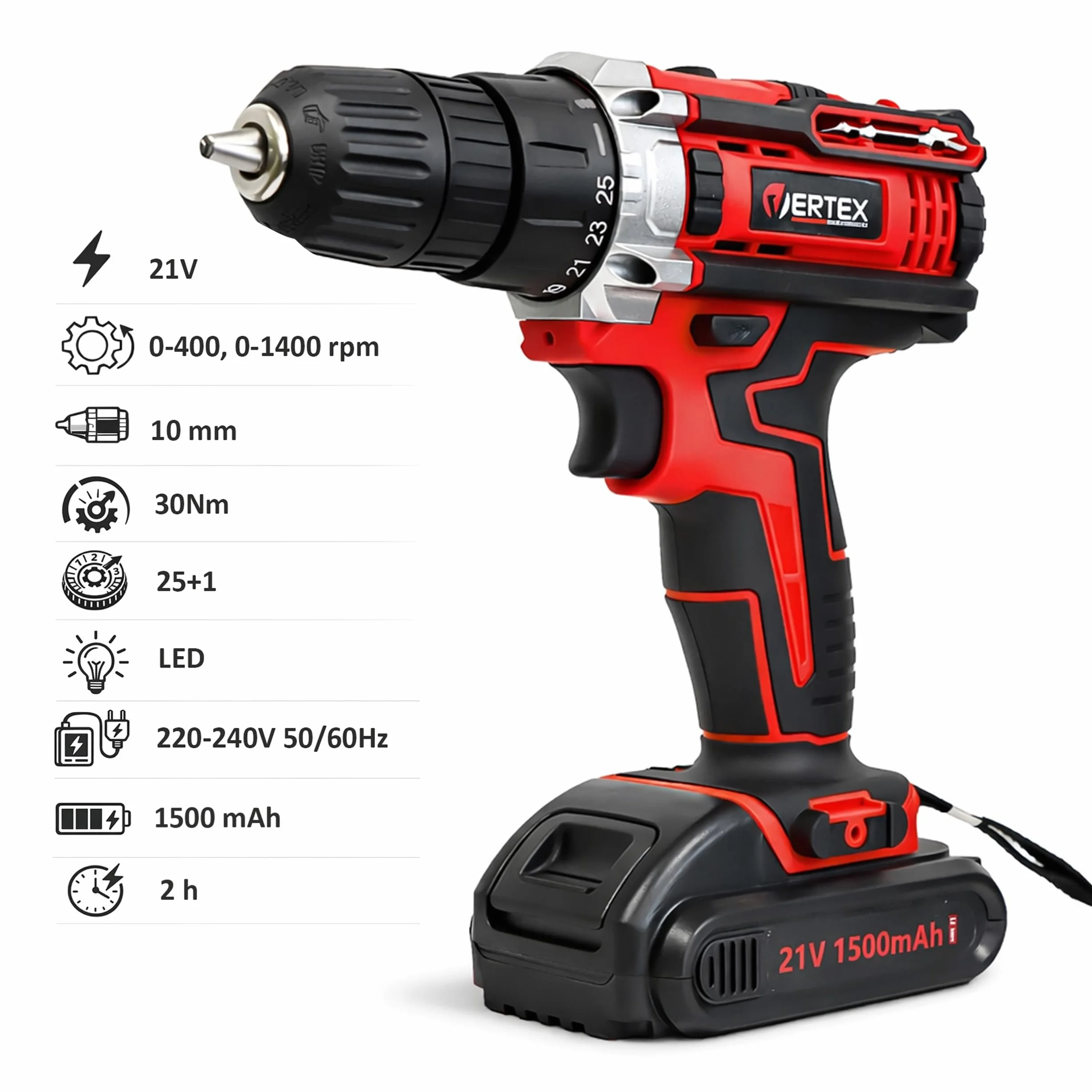 Vertex Wiertarko-wkrętarka Akumulatorowa 21V, 2 Baterie Li-ion 1.5Ah, Uchwyt 10mm, 30Nm, LED, z Zestawem 28 Akcesoriów w Walizce, Model VWK2130