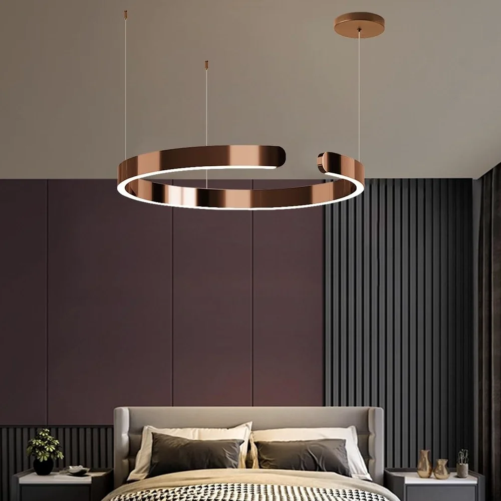 Lampa Wisząca LED Z Pierścieniem Schody Nowoczesna Funkcją Ściemniania Salonu Metalowa Ocynkowana Lampa Regulacją Wysokości Do Stołu Jadalnego Sypialnia Kuchnia Salon(Rose gold,60cm)