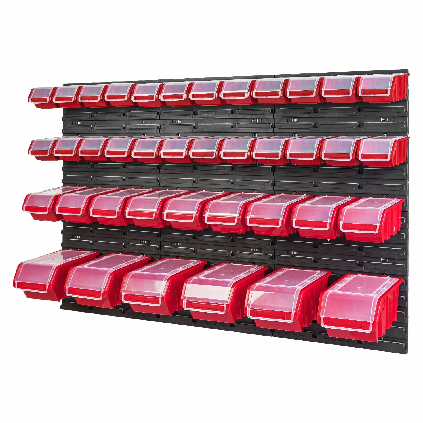 Pudełko do układania regał ścienny – 1158 x 780 mm – system przechowywania 39 sztuk pudełek z pokrywką – regał magazynowy pojemniki magazynowe regał do sypania, czerwony