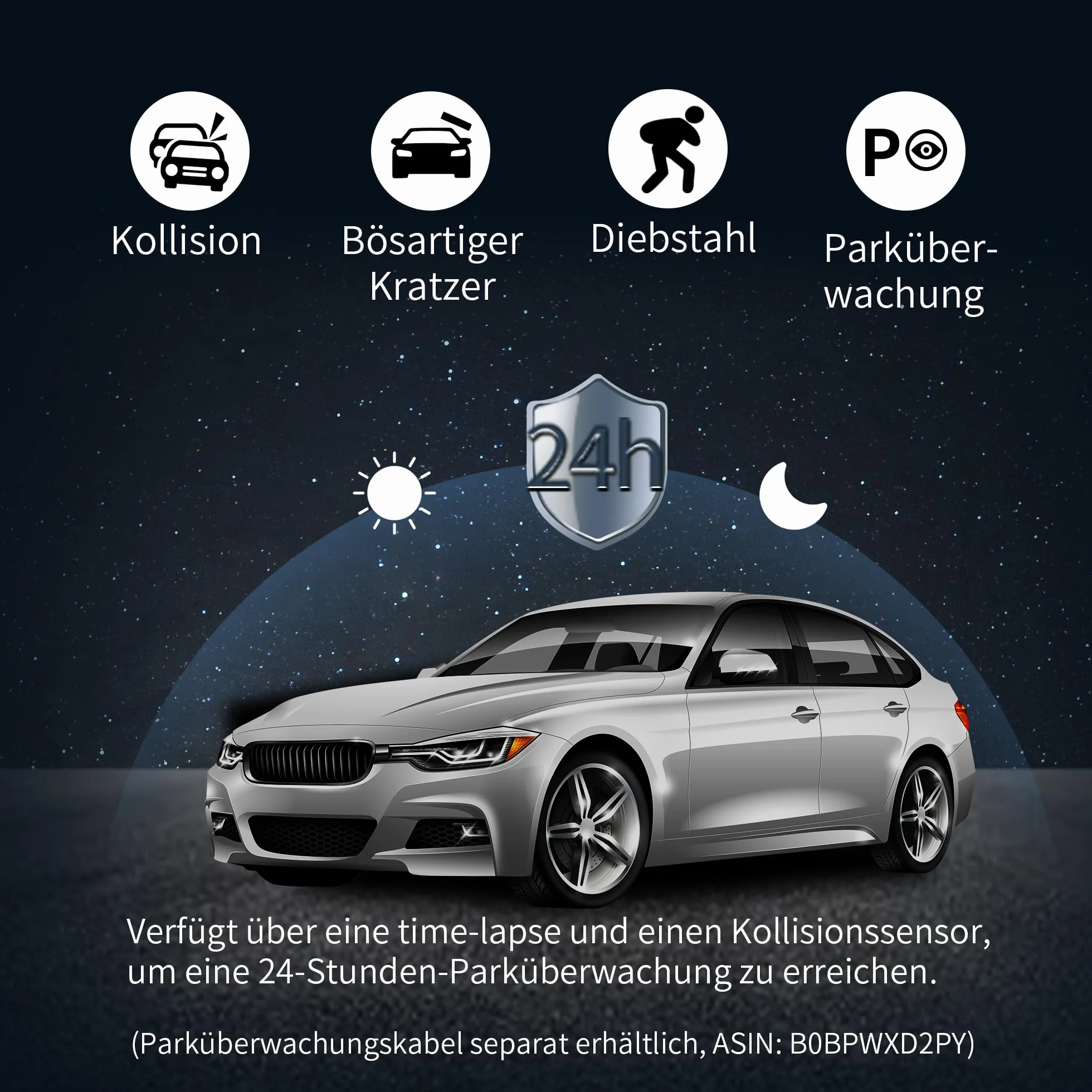 2K Dash Cam Auto, KAWA 1440P Full QHD Telekamera Auto 360° Ogólny obrotowy Wi-Fi Incorporato, Sorveglianza di Parcheggio 24h e G-Sensor, 145° Grandangolo, WDR z widokiem Notturna Eccellente