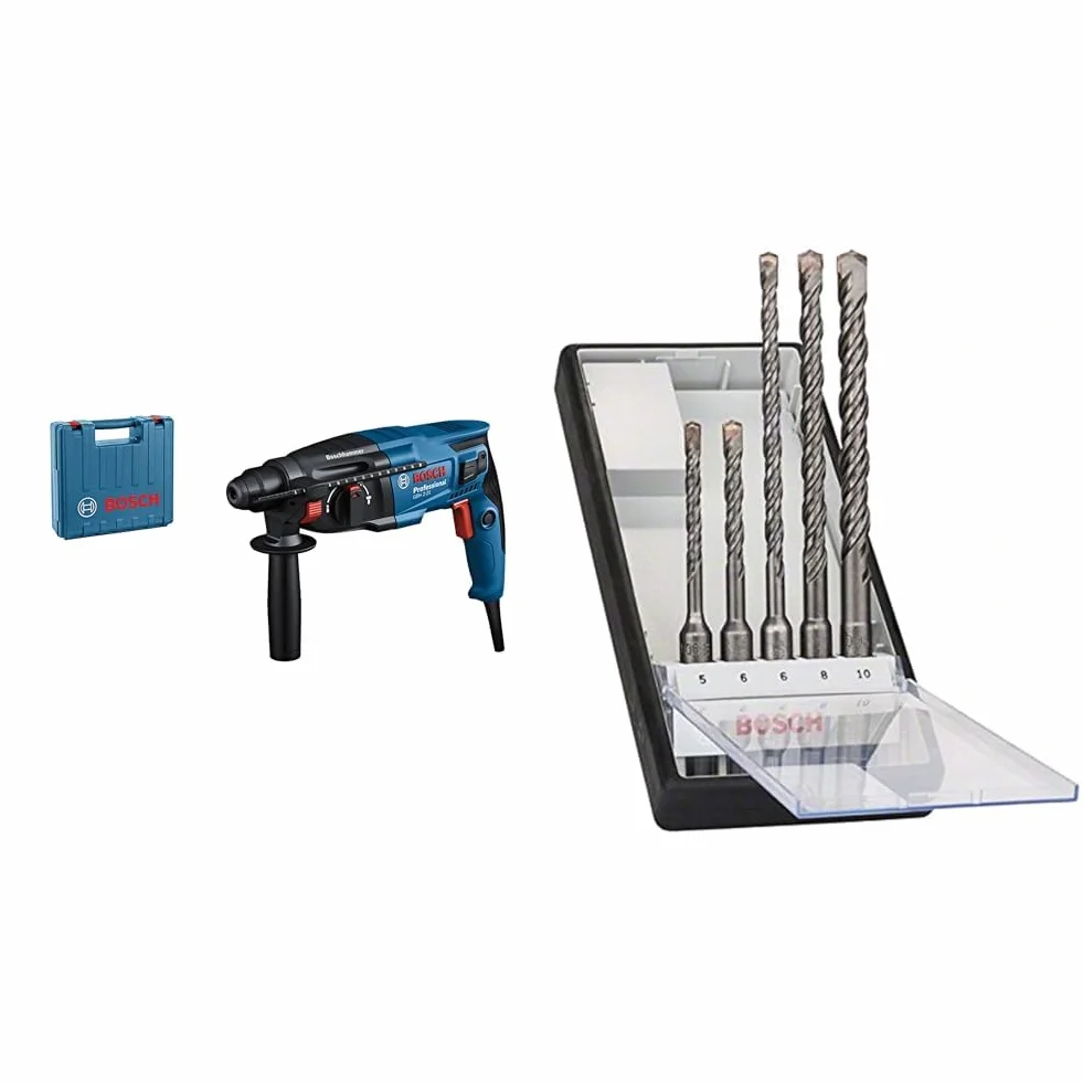 Bosch Professional Młot udarowo-obrotowy GBH 2-21 (z SDS plus, w zestawie dodatkowy uchwyt, ściereczka maszynowa, ogranicznik głębokości, w walizce rzemieślniczej) + 5-częściowy zestaw wierteł