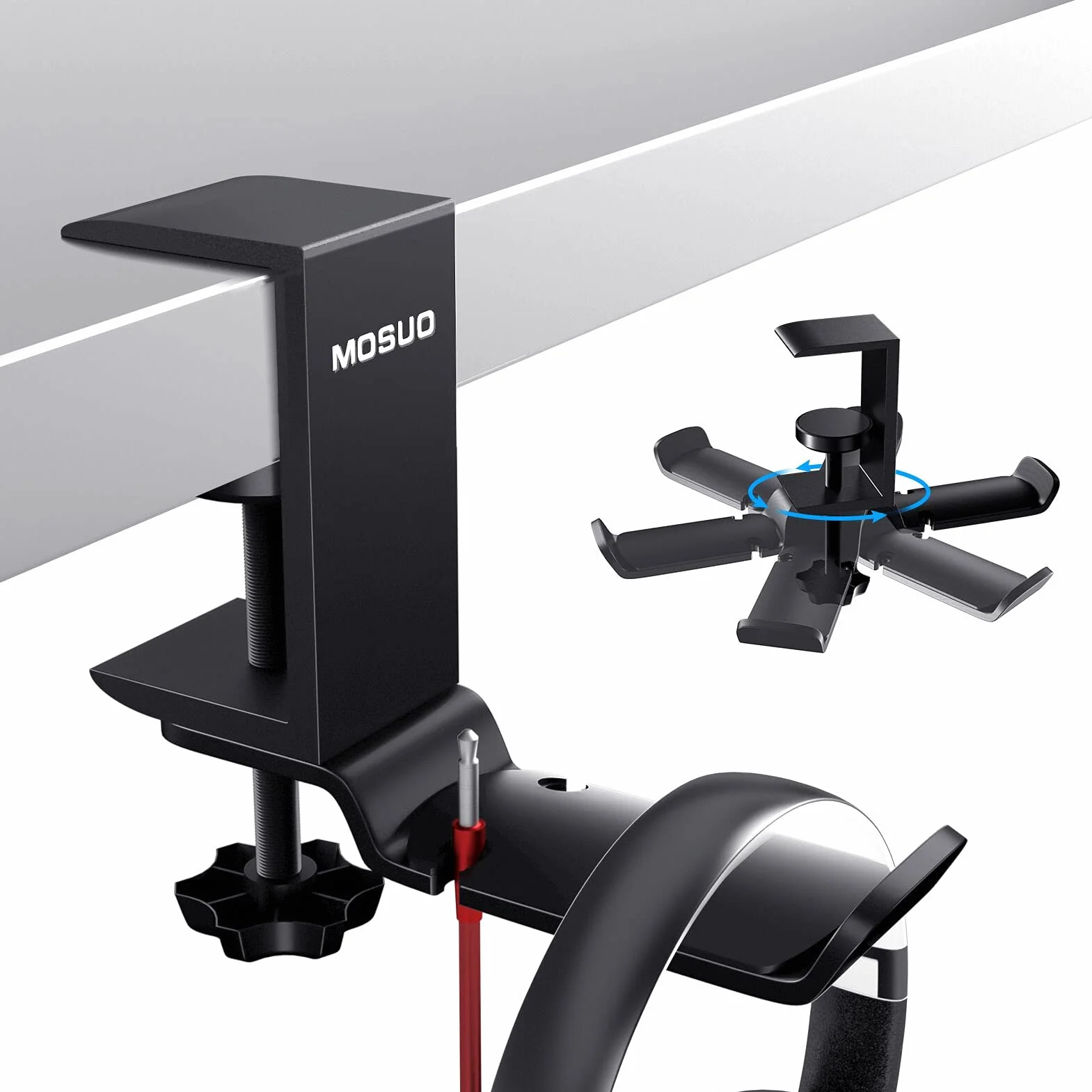 MOSUO Regulowany uchwyt na słuchawki, uchwyt na biurko, zestaw słuchawkowy obracany o 360 stopni, aluminiowy uchwyt na słuchawki, stojak na słuchawki Bluetooth, stojak na słuchawki gamingowe, czarny