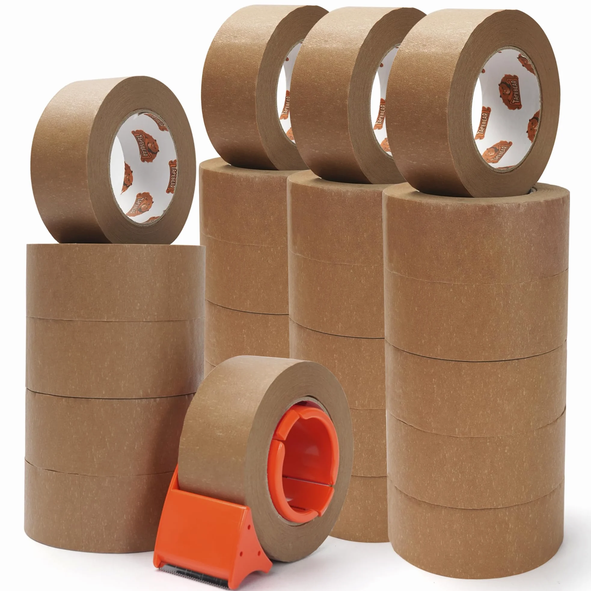 TAPEBEAR 24 rolki Ekologiczna taśma pakowa z papieru pakowego - z dozownikiem, 5 cm x 50 m, biodegradowalna, nadająca się do recyklingu, samoprzylepna do przeprowadzki, wysyłki i uszczelniania