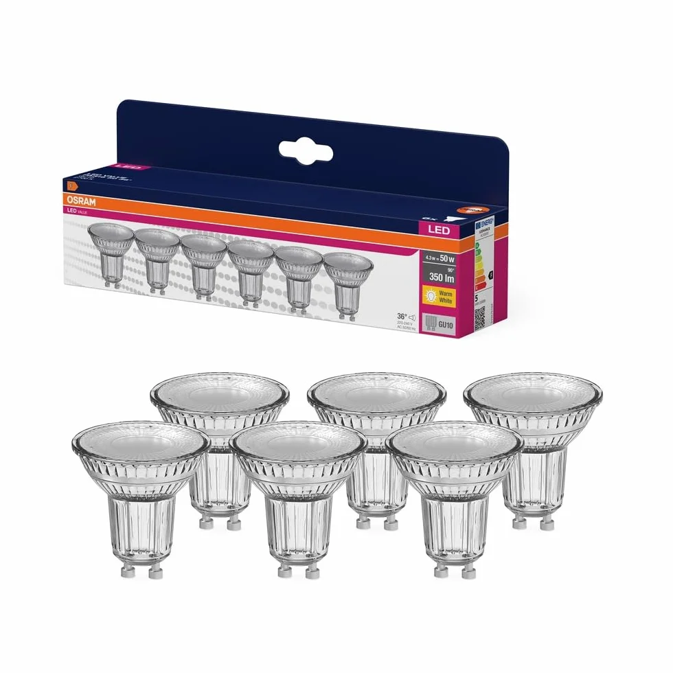 OSRAM LED Star VALUE PAR16, zestaw 6 żarówek, zastępują tradycyjne żarówki reflektorowe 50W, ciepła biel (2700K), 4.3W, gwint GU10, szkło filamentowe, niedimowalne
