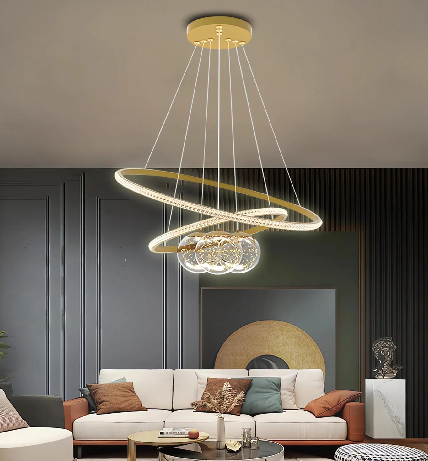 Metalowy żyrandol LED,3 okręgi 40+60+80 cm,lampa sufitowa z regulacją jasności 120 W,pilot zdalnego sterowania 3000-6500 K, lampa wisząca z akrylowym kloszem,oprawy oświetleniowe (Złoto, 60+80)