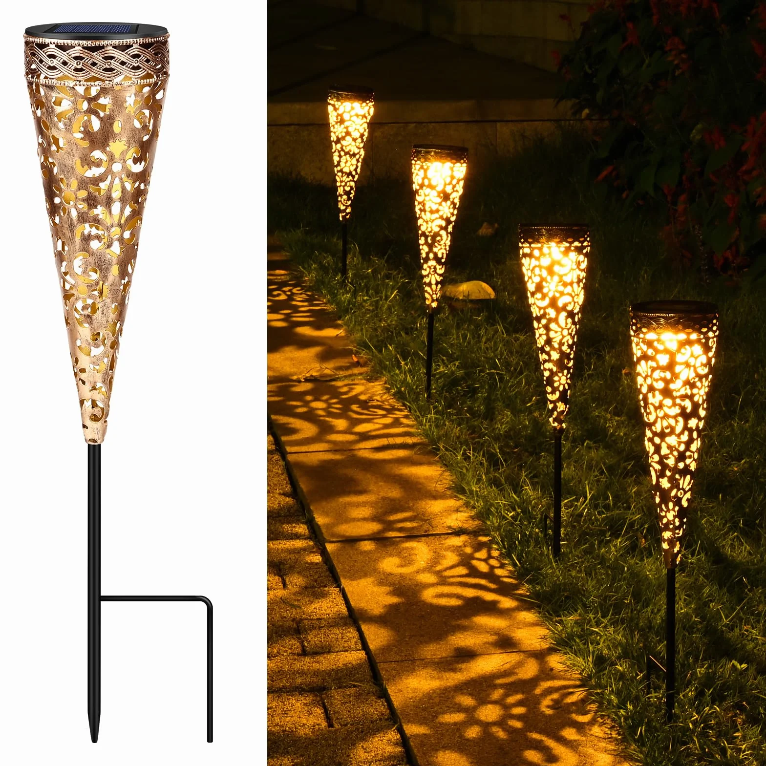 Zewnętrzne lampy słoneczne, GuKKK 4 sztuki Vintage Metalowe lampy słoneczne, 800 mAh Solar Light z wysuwanym stojakiem Wodoodporne IP65, Solarne oświetlenie ogrodowe LED Ciepłe białe z dekor