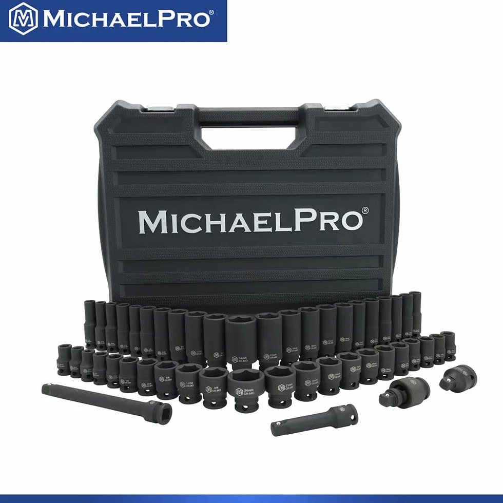 MichaelPro MP005035 Zestaw nasadek udarowych 3/20.3 cm, metryczne i standardowe rozmiary SAE (od 5/40.6 cm do 3/10.2 cm i 8 do 24 mm), 48-częściowy zestaw gniazd standardowych i głębokich, CR-MO