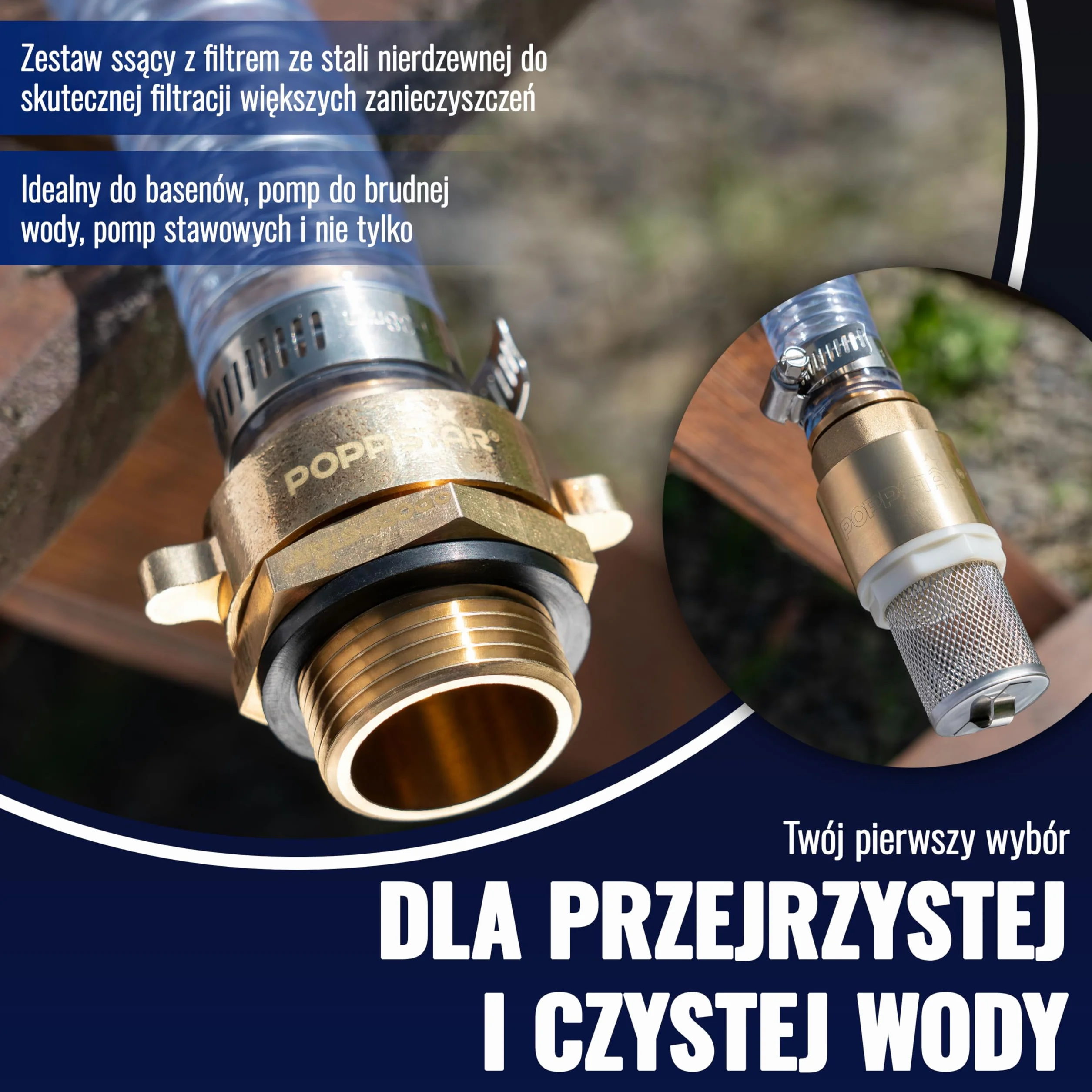 Poppstar Wąż ssący 1 cal 4m (ID 25mm, AD 33mm, grubość ścianki 4mm), w zestawie kosz ze stali nierdzewnej z zaworem zwrotnym, nakrętka zaciskowa ID 1 1/4" (41,9mm), kawałek redukcyjny AD 1" (33,3mm)