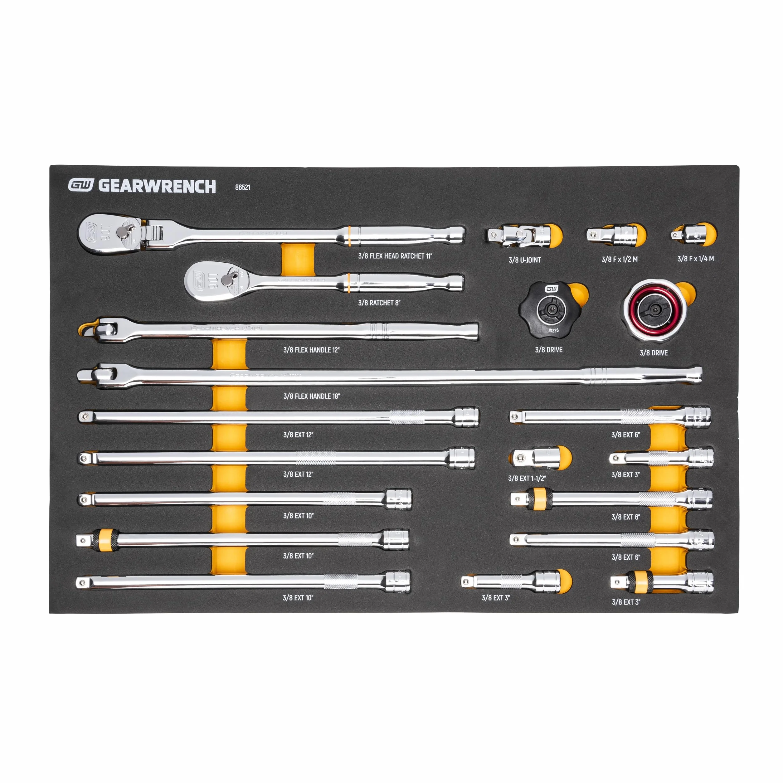 GEARWRENCH 86521 Zestaw narzędzi 3/8" 90T z grzechotką i napędem, z tacą z pianki EVA, 21 części