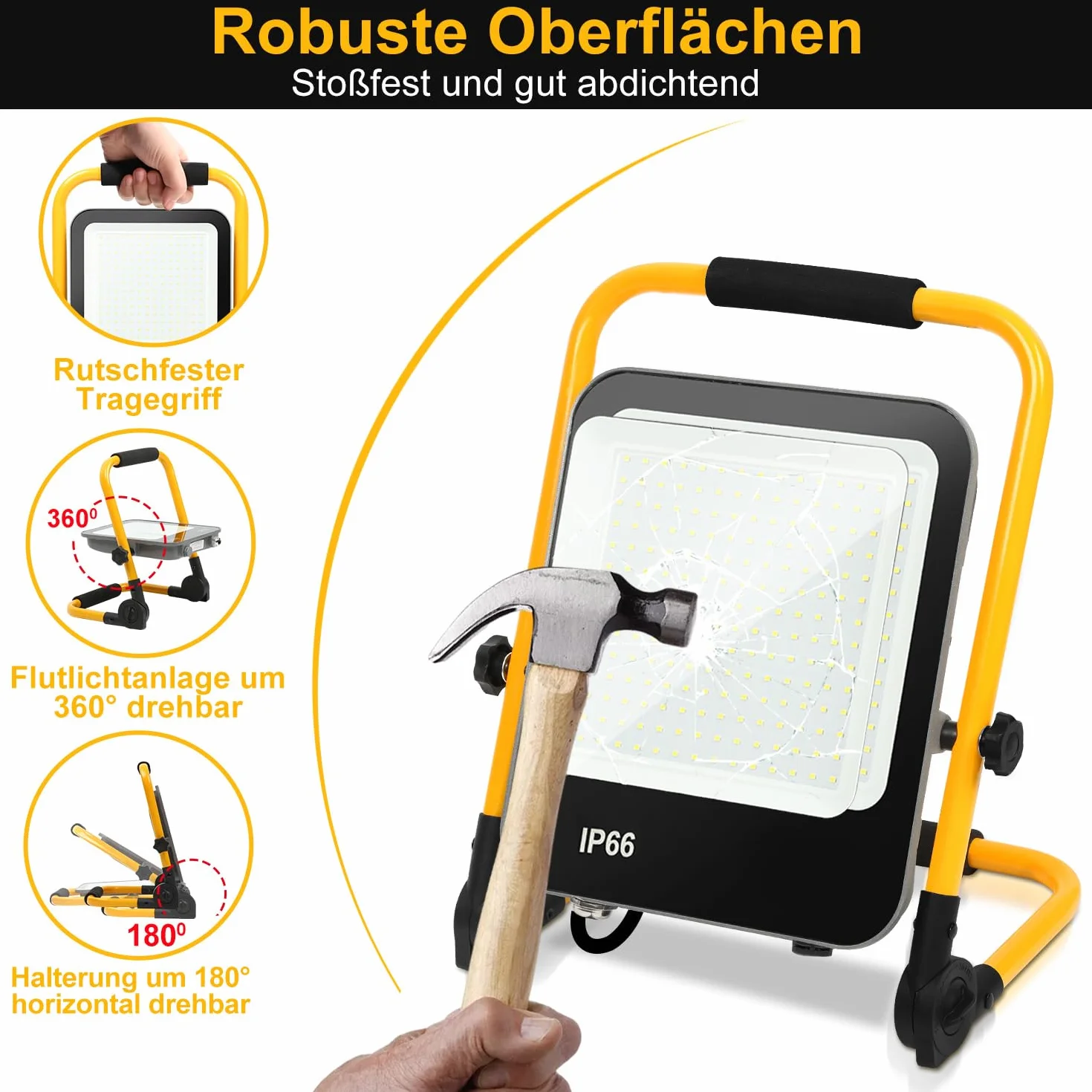 Reflektor budowlany LED, 100 W, 8000 lm, lampa robocza LED z wtyczką, klasa wodoszczelności IP66, reflektor budowlany z kablem 3 m, przenośny, do warsztatu lub na placu budowy, 6000 K