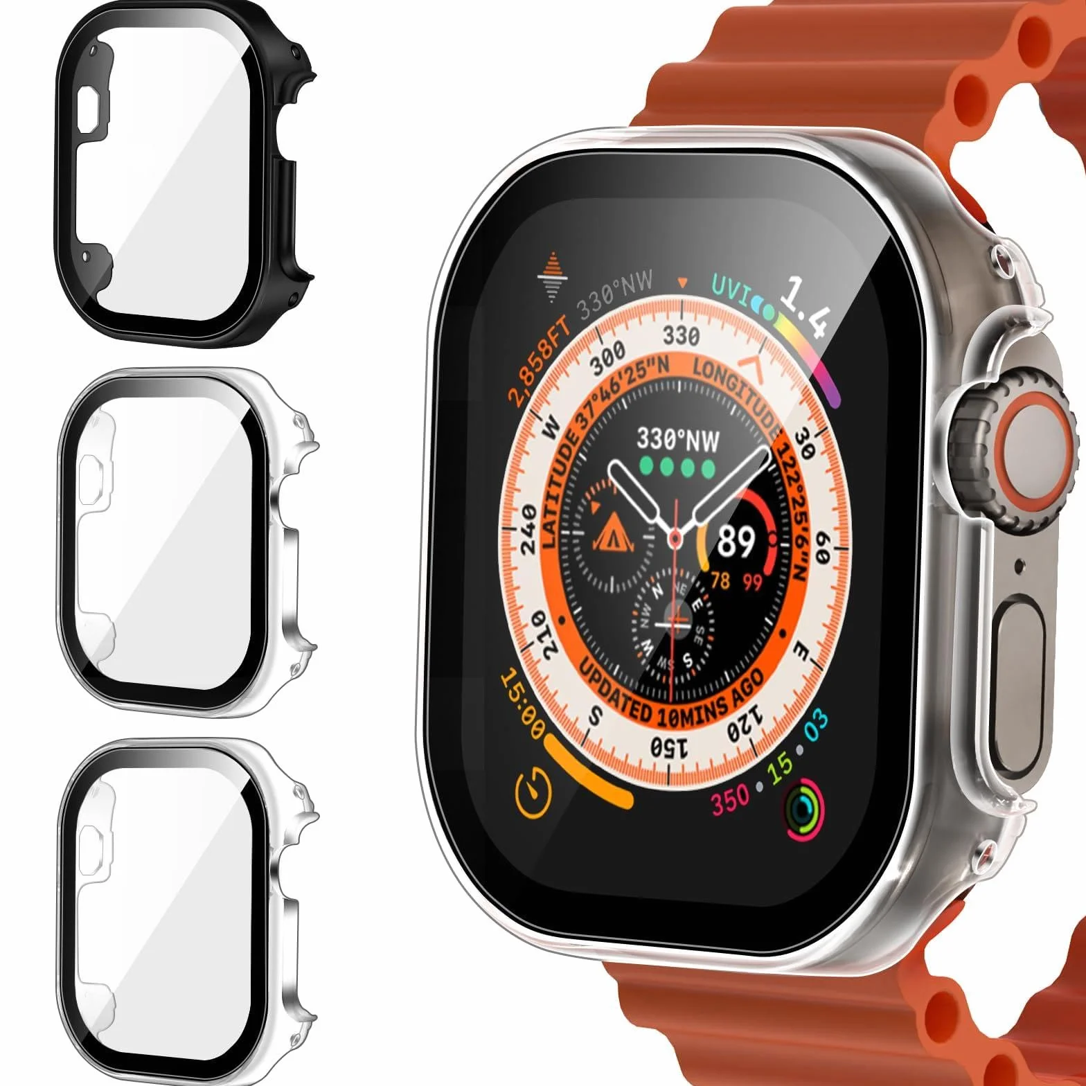 ivoler 3-pak twardych etui PC z osłoną ekranu ze szkła do Apple Watch Ultra 2 49 mm/Apple Watch 49 mm, pełne pokrycie etui ochronne, ultracienkie etui ochronne odporne, 2 przezroczyste + 1 czarne