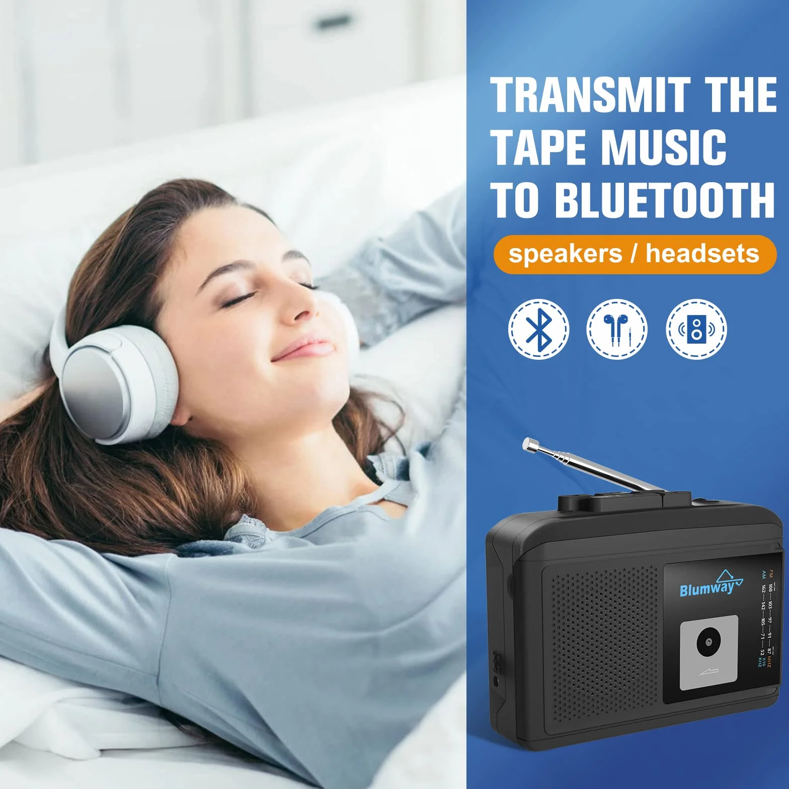 BlumWay Bluetooth przenośny odtwarzacz kasetowy retro AM/FM stereo z głośnikiem