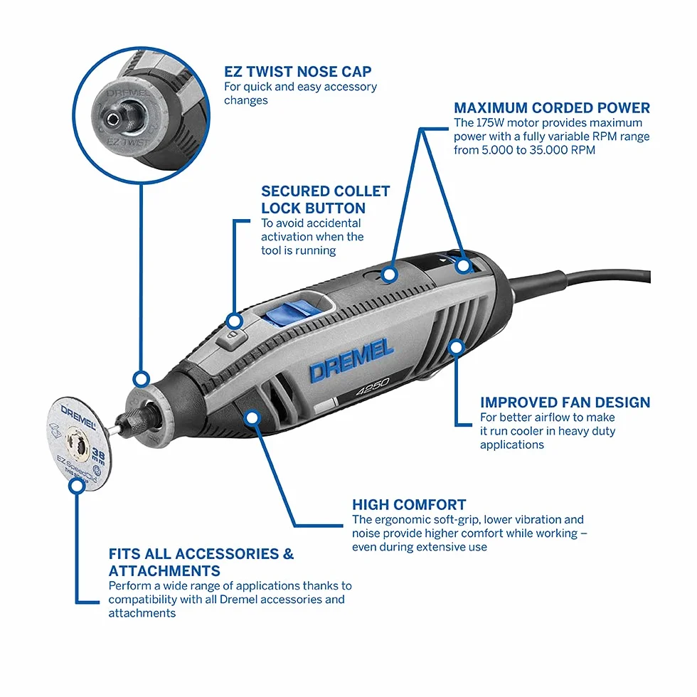 Dremel 4250 Narzędzie obrotowe 175 W – zestaw z narzędziem wielofunkcyjnym i 3 przystawkami / 45 akcesoriami, silnik 175 W ze sterowaniem elektron., regulacja prędkości obr. 5 000 – 35 000 obr./min