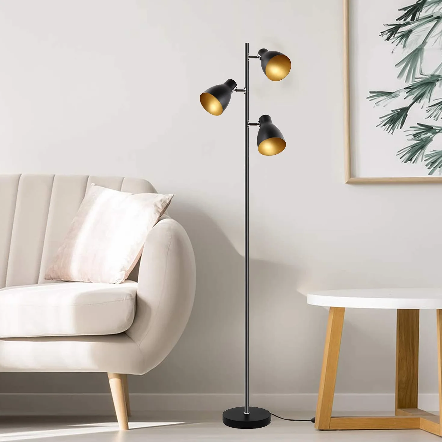 Lampa stojąca do czytania drzewo, czarno-złota, 3 regulowane światła | Metal retro, E14, 168 cm, niezależne sterowanie, do salonu i sypialni