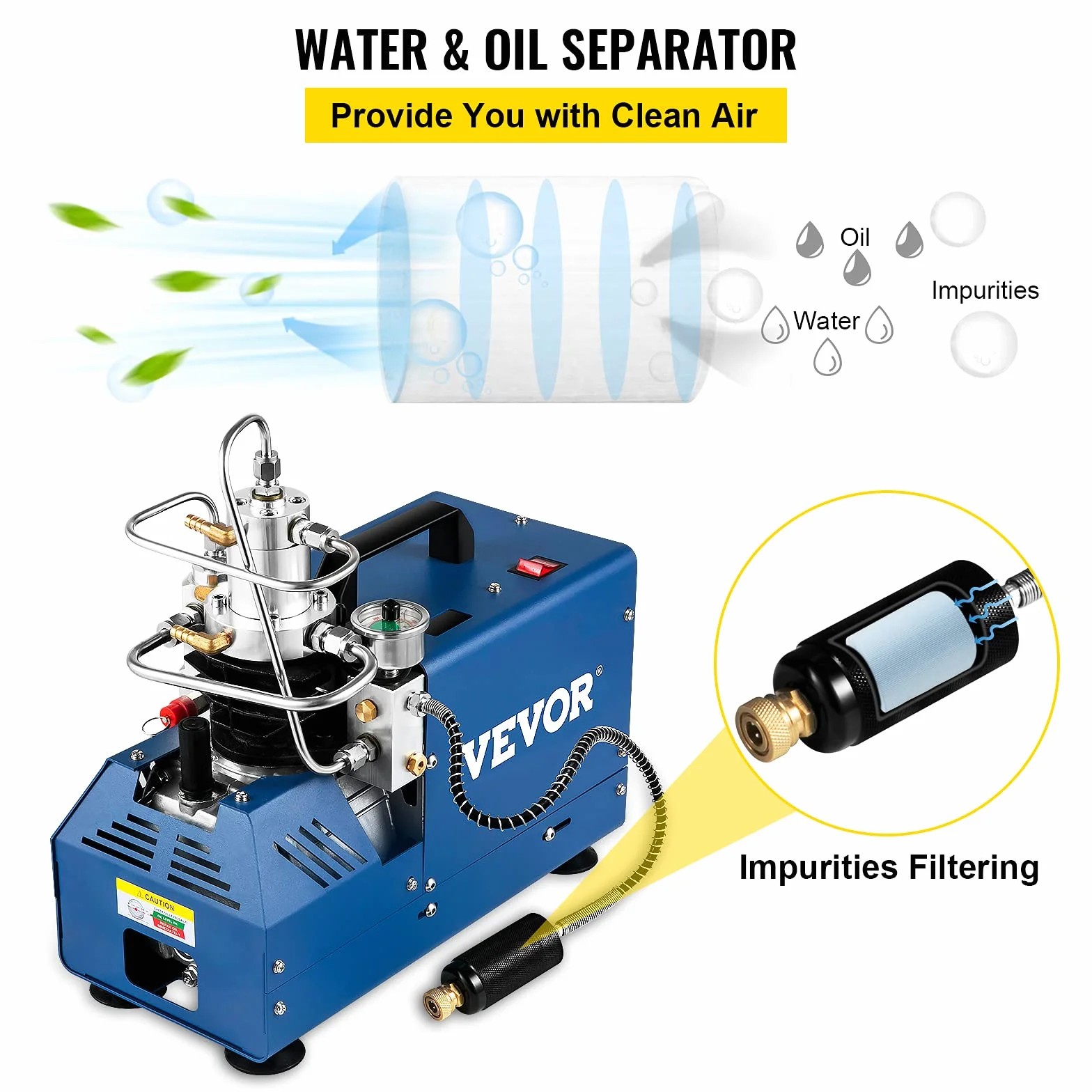 VEVOR Elektryczna pompa PCP 300 bar 30 MPa 4500 PSI Wysokociśnieniowa sprężarka powietrza 1800W Pompa powietrza wysokociśnieniowego 37x18x40 cm Automatyczne wyłączanie, separator wody i oleju do