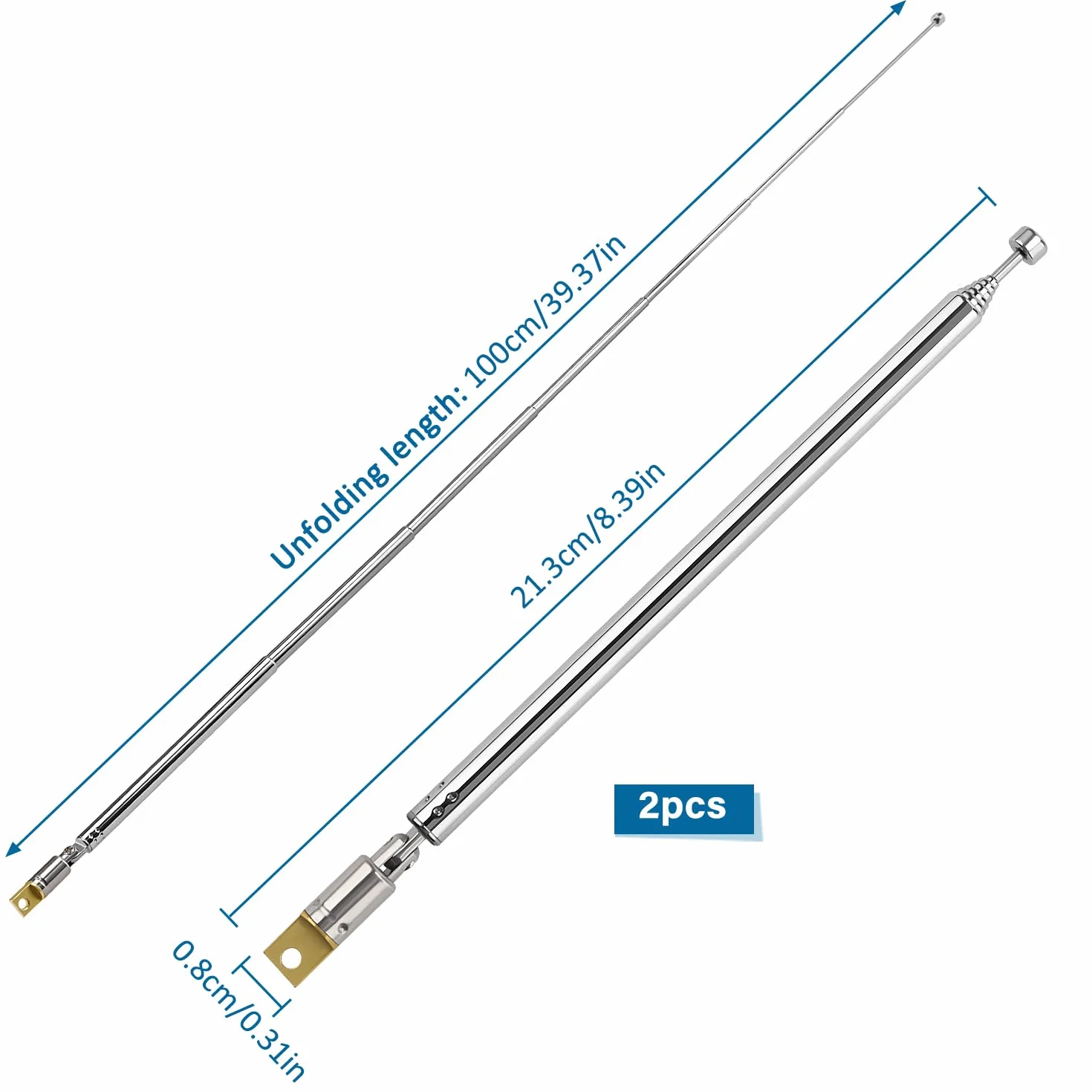 VooGenzek 2 Sztuk 100 cm 7-Sekcyjna Antena Teleskopowa, Wymiana Anteny Teleskopowej, Zamiennik Anteny Teleskopowej, do Odbioru Radia TV DAB FM/AM Stereo