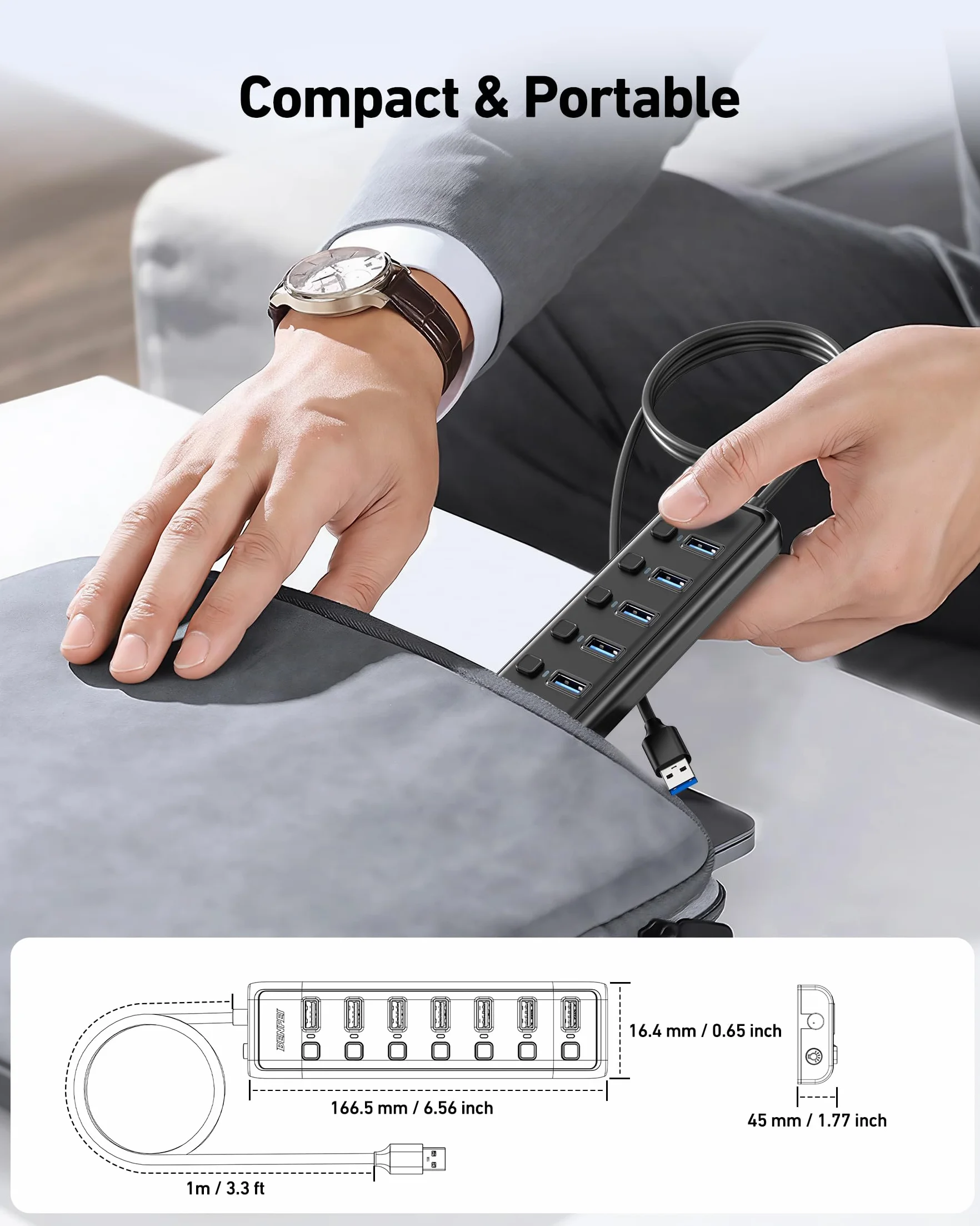 BENFEI Hub USB 3.0 7-portowy, ultracienki przenośny rozdzielacz USB 1 m, kompatybilny z MacBook, Surface Pro, PC