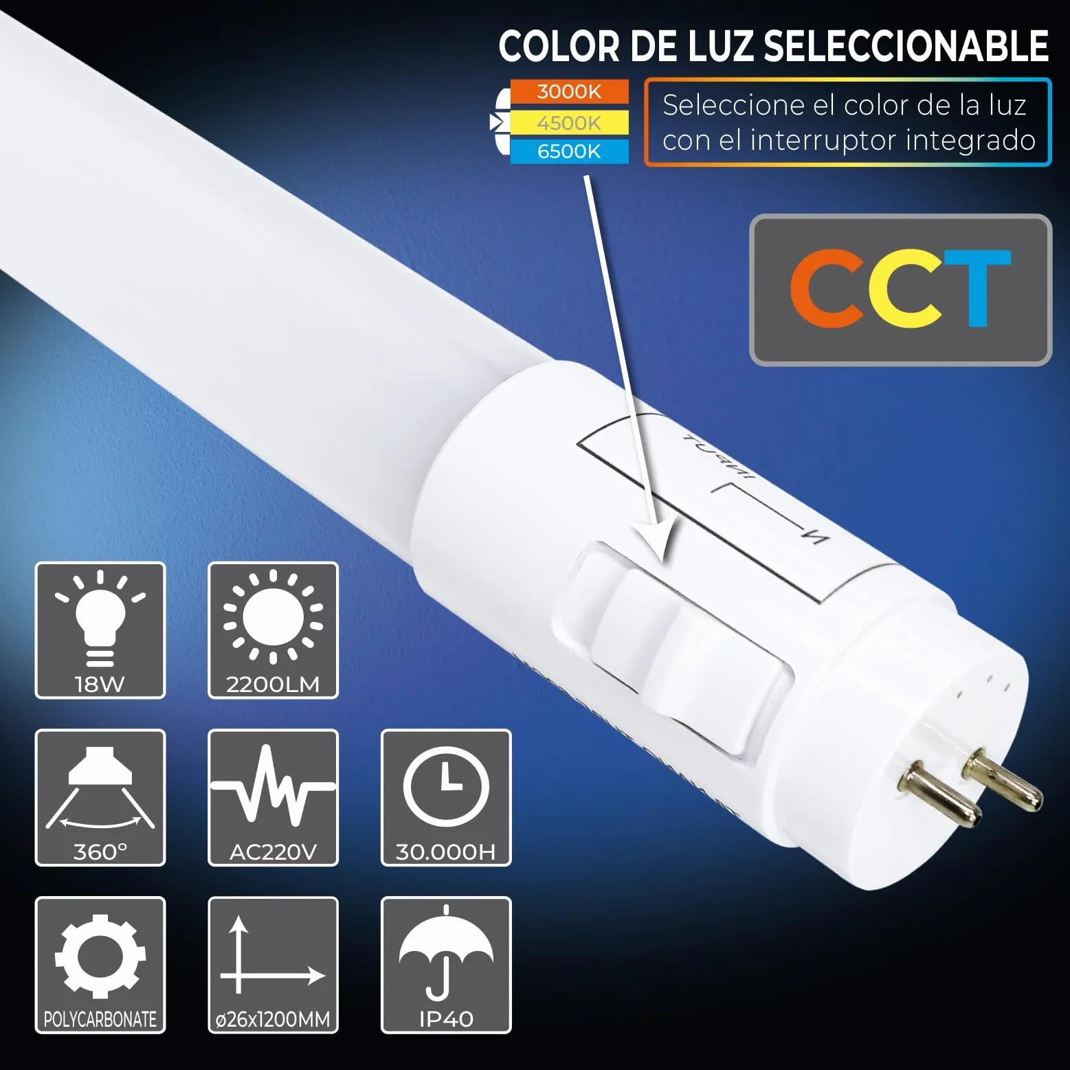 LED ATOMANT Opakowanie z 4 lampkami LED 120 cm 18 W, CCT (przełącznik wyboru koloru ciepła biel, neutralna biel lub zimna biel), 2200 lumenów, rozrusznik w zestawie, norma T8