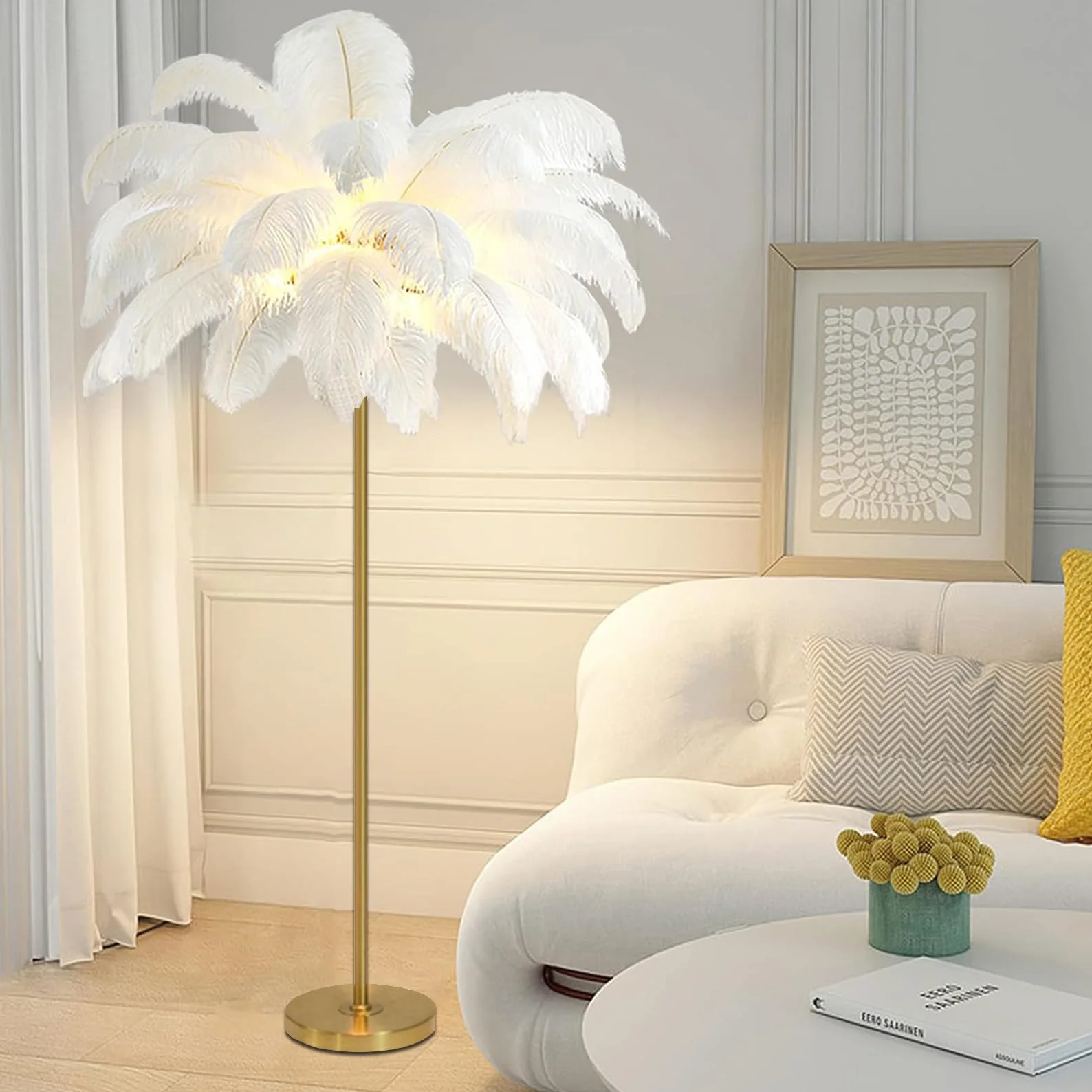 Lampa podłogowa z piór, lampa stojąca z naturalnych strusich piór, prosta lampa dekoracyjna do sypialni i salonu, ze złotym korpusem, 3 kolorami ściemniania i żarówką LED G4