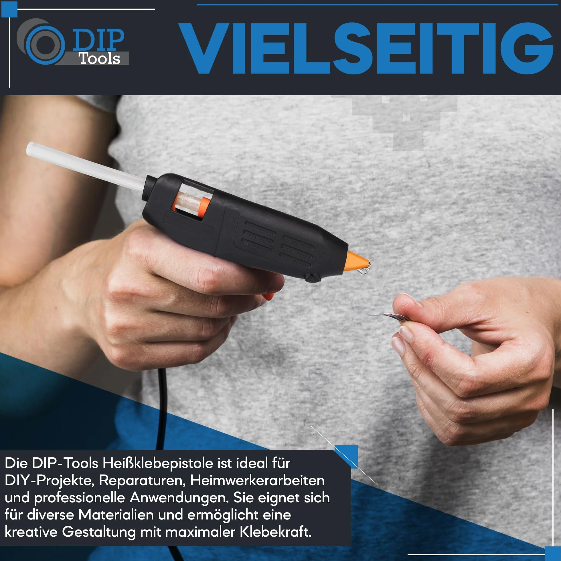 DIP Tools Pistolet do klejenia na gorąco 7.2 mm – pistolet do klejenia na gorąco z 10 wkładami bez rozpuszczalników – Glue Gun zabezpieczony przed wyciekiem, idealny do majsterkowania, dekorowania