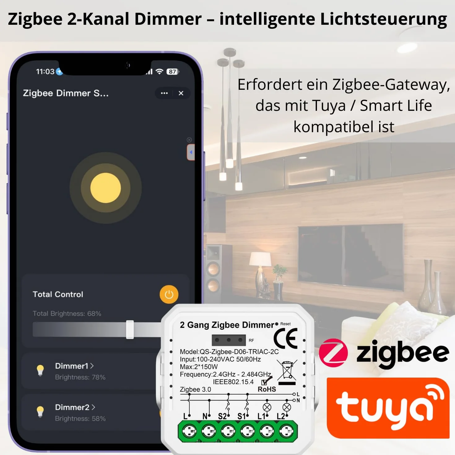 2 GANG Dimmer ściemniacz TUYA Zigbee MINI V3 sterownik oświetlenia