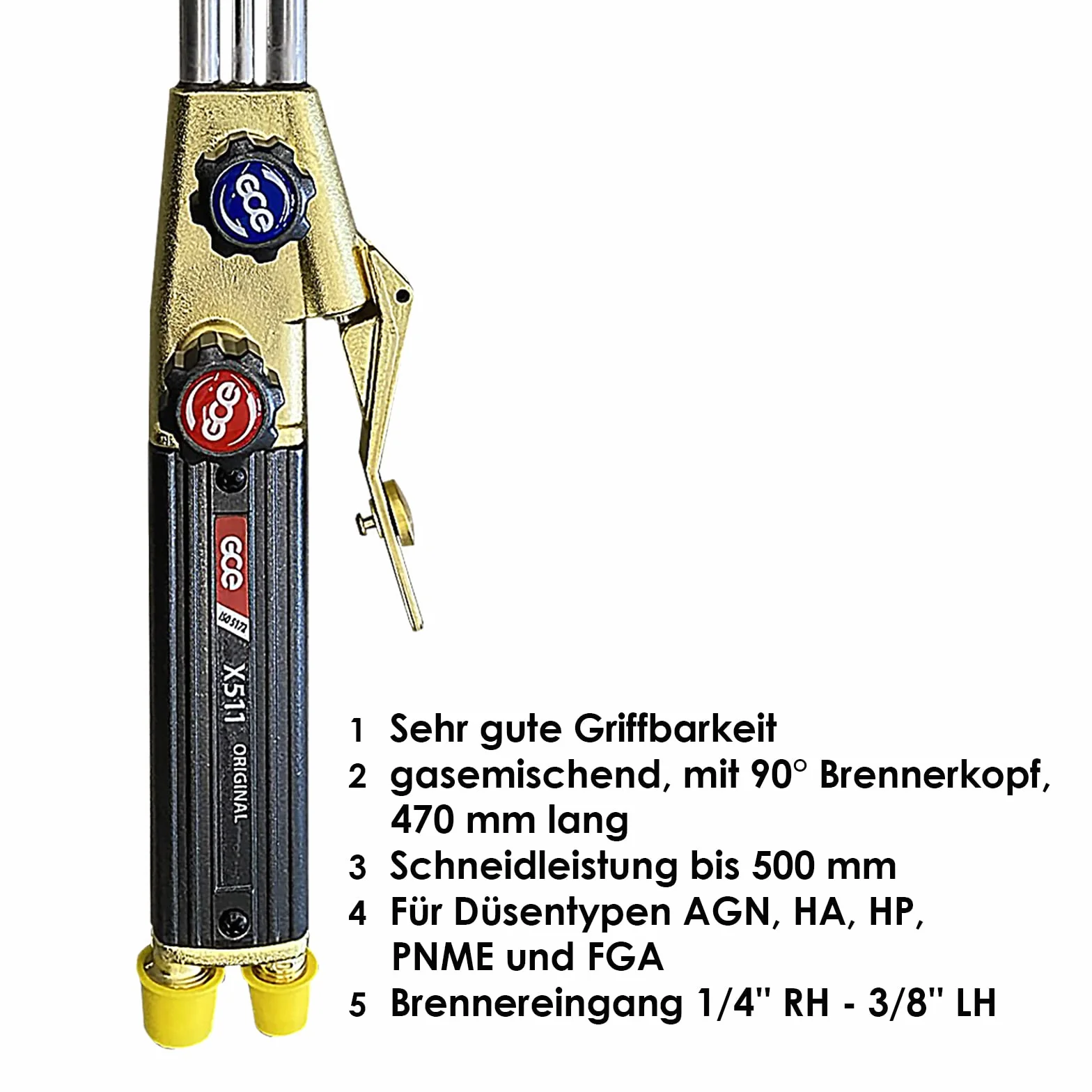 GCE Rhöna ręczny palnik do cięcia fug X511 mieszający gaz, acetylen - propan, długość 470 mm, głowica 90°, stal nierdzewna, mosiądz, złoty