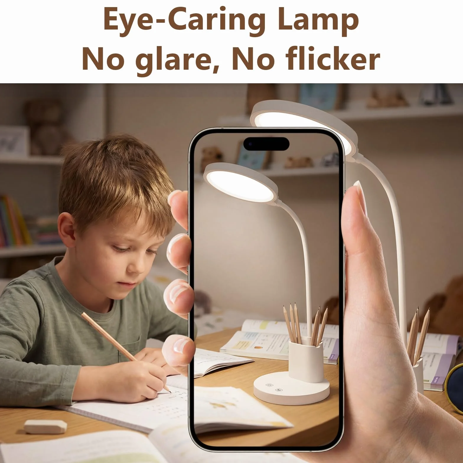 LQWELL Lampka biurkowa LED Touch dla dzieci i dorosłych, 360°, gęsia szyja, 3 kolory i regulacja jasności, z uchwytem na długopis i telefon, przewód zasilający 1,2 m, wtyczka, kolor biały