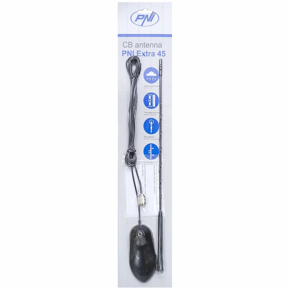 Antena CB PNI Extra 45, 45 cm, 150 W, zasięg 10 km, uchwyt magnetyczny, kabel 4 m RG174