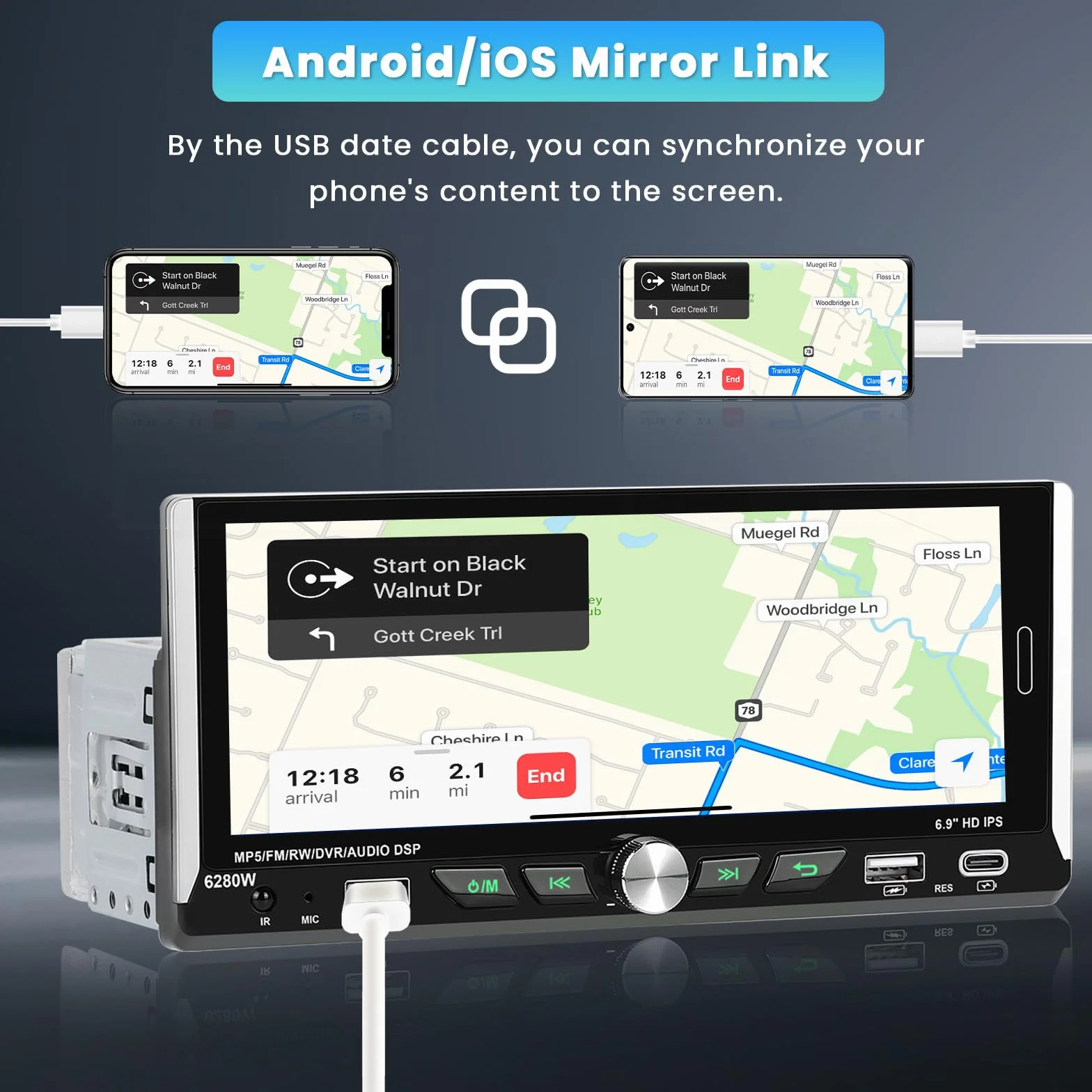 Inefala Radio Bluetooth 1 Din z bezprzewodowym Carplay i Android Auto, radio samochodowe 1 Din z wyświetlaczem 6,9 cali z Mirror Link RDS/FM AUX SWC kamera cofania Type-C i podwójne złącza USB