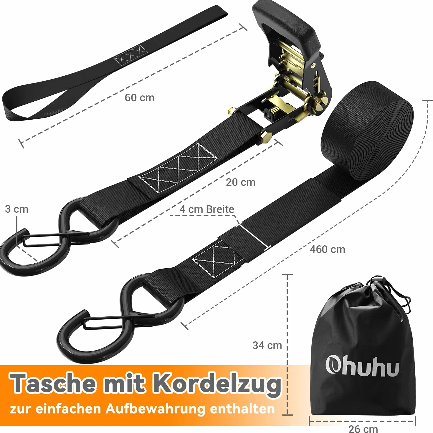 Ohuhu Pasy mocujące z grzechotką i hakami, 4 sztuki, 4 x 4,6 m, obciążenie 1500 kg, zestaw z grzechotką, 2-częściowy pas mocujący - czarne z hakami bezpieczeństwa S do samochodów ciężarowych, ładunków