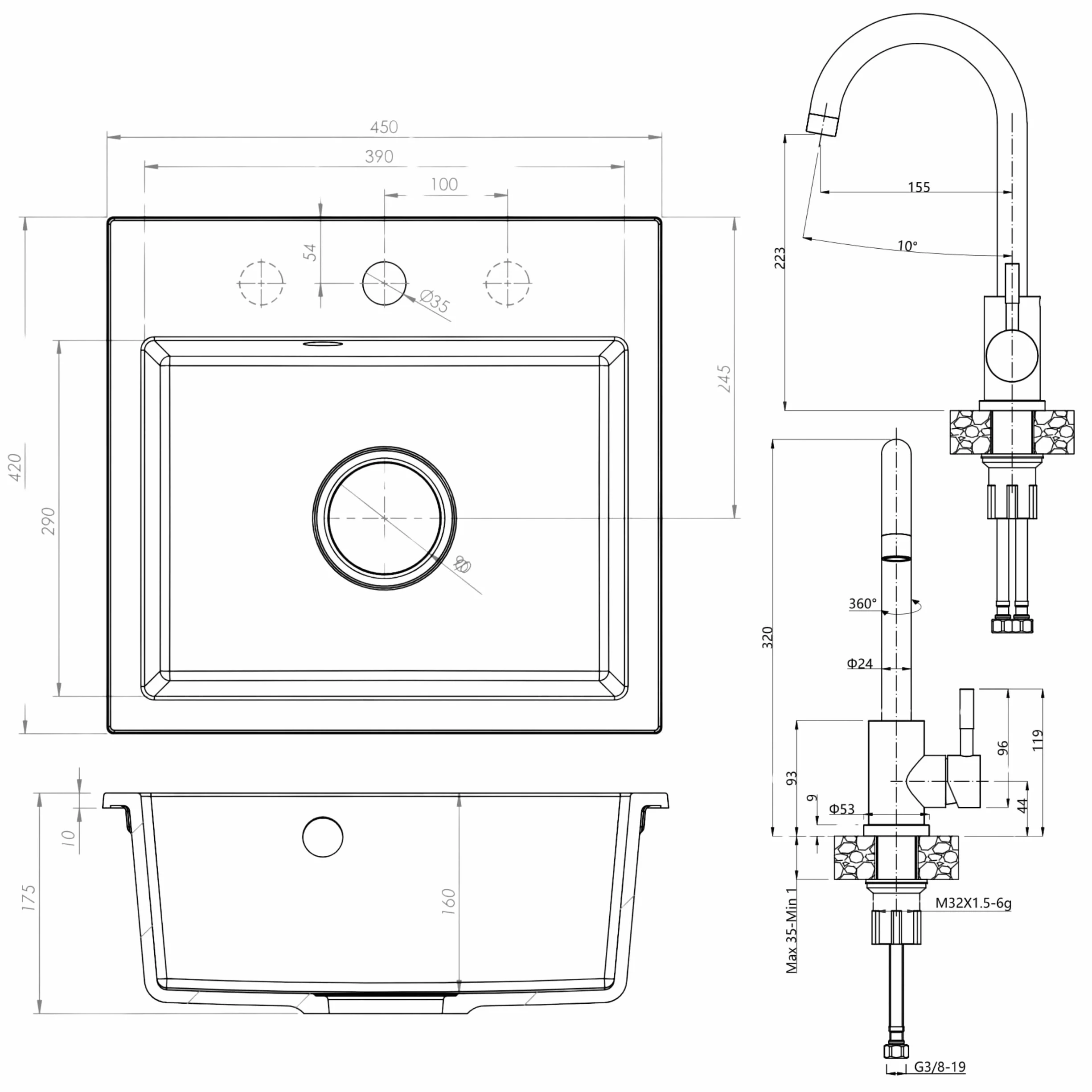 SINK Quality beżowy zlewozmywak z armaturą zestaw 45 × 42 cm – zlewozmywak z kranem, syfonem i impregnacją – kompletny zestaw z granitu – zlewozmywak do szafki pod umywalkę od 45 cm