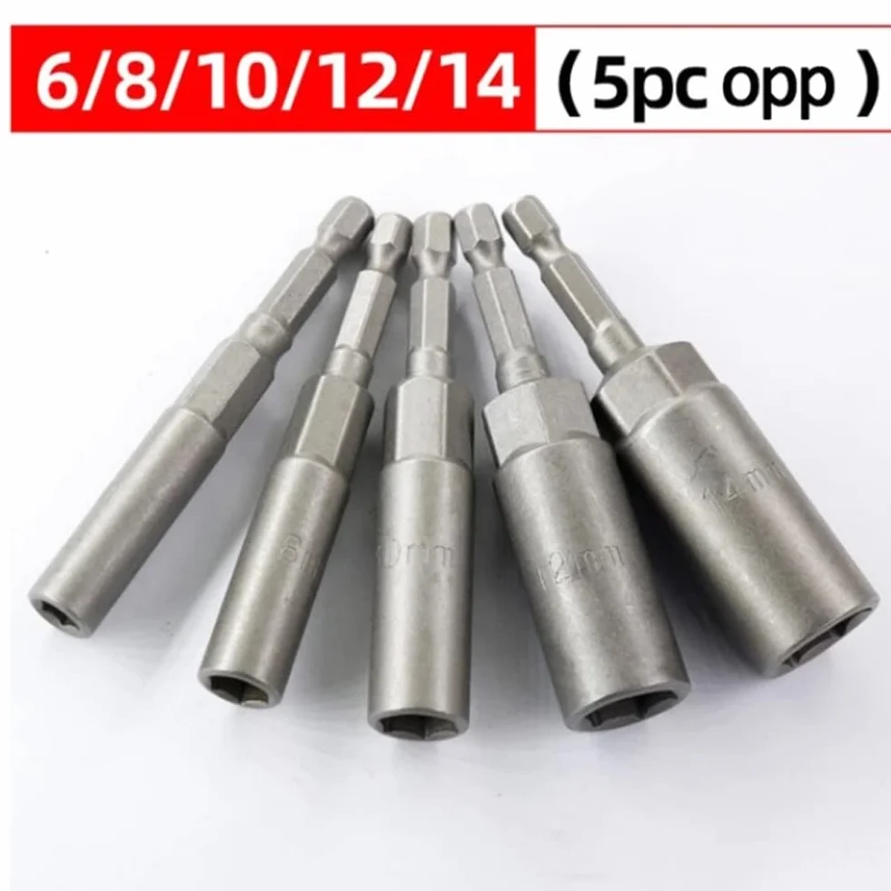 5pc Hex Sockets Kit 6mm/8mm/10mm/12mm/14mm Magnetic Socket Adapter Impact Nut Bolt Drill Bit Set For Pneumatic Screwdriver