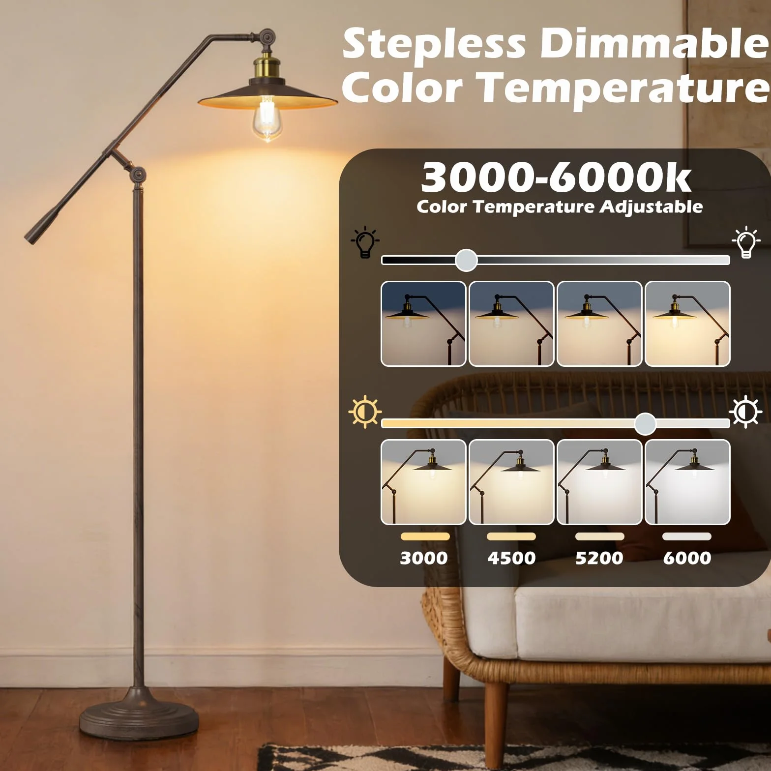 Lampa podłogowa do salonu, regulowana lampa stojąca w stylu industrialnym, gniazdo E27, kabel 2,7 m i przełącznik nożny, do sypialni biura