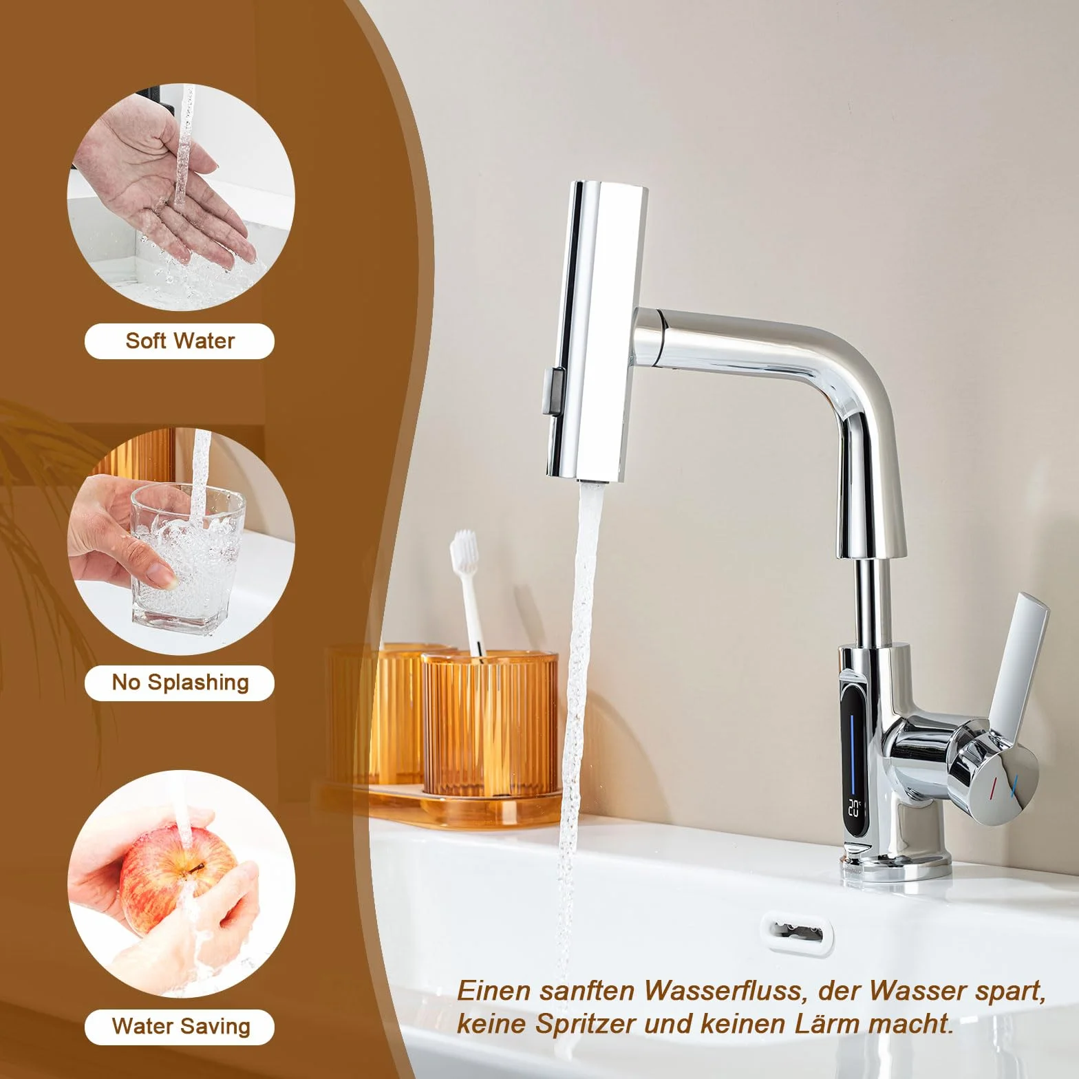 Kran łazienkowy obracany o 360°, bateria zlewozmywakowa LED, wskaźnik temperatury, umywalka nablatowa z 3 rodzajami strumienia wody, wyciągana bateria mieszakowa, z regulacją wysokości,