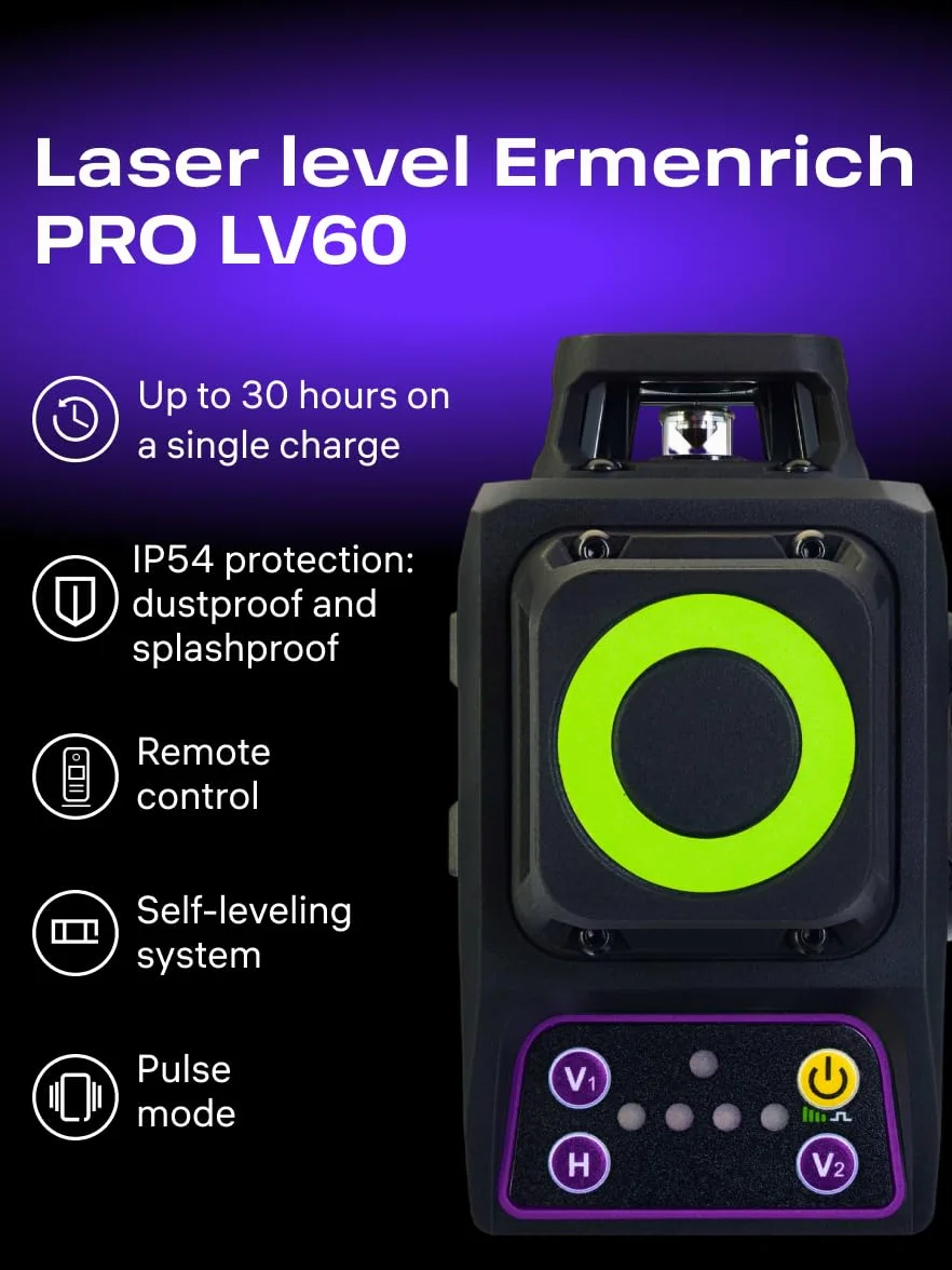 PRO LV60 Samopoziomujący Poziomica Laserowa Tryb Impulsowy 30 m 3D 12 Linii — 360° — IP54 Pilot Zdalnego Sterowania Wbudowany Kompensator Podstawa Statyw Uchwyt Typu C W Zestawie
