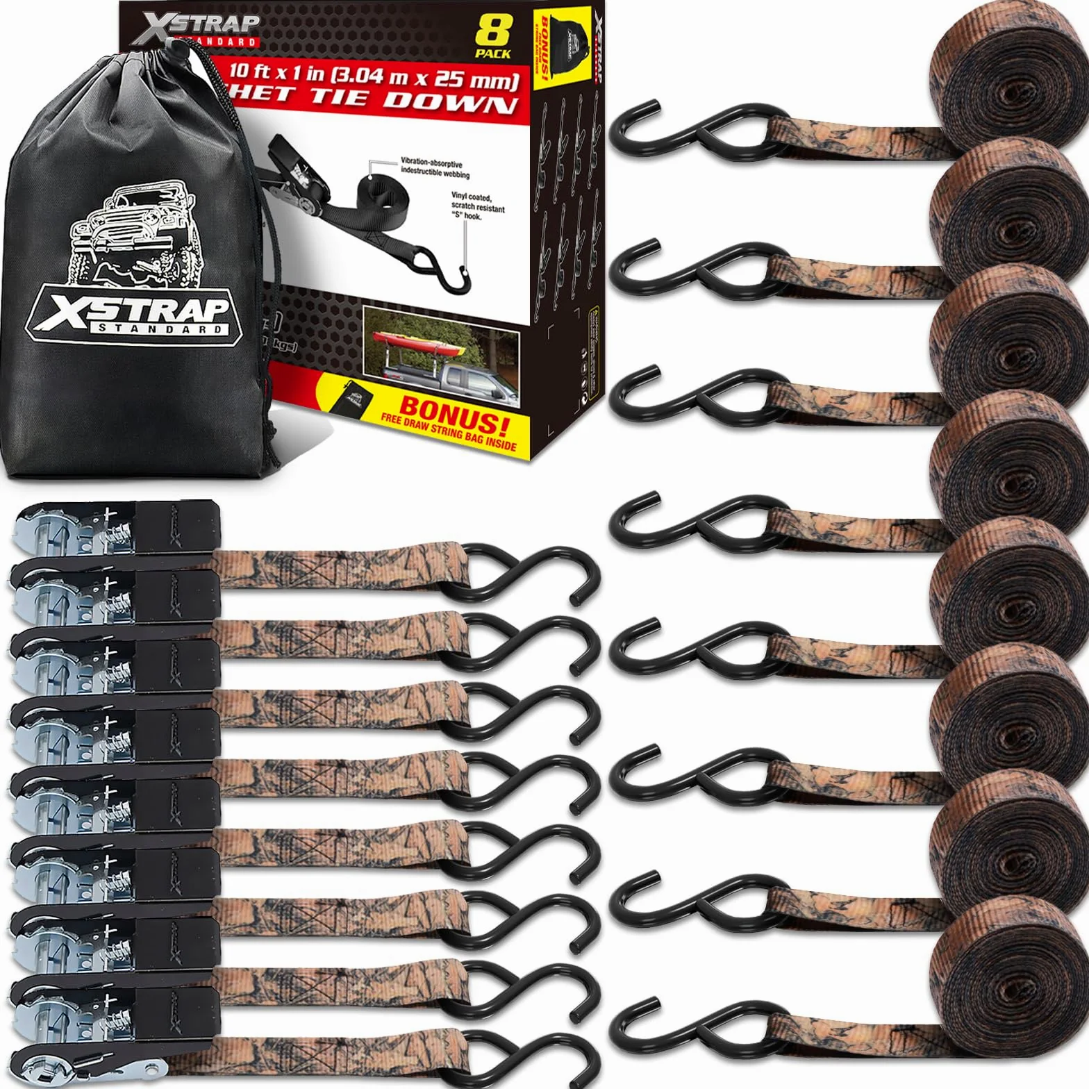 XSTRAP STANDARD Pasy mocujące z grzechotką, 8 szt., 3 x 3 m, wytrzymałość na zerwanie 408 kg, paski ładunkowe do poruszających się urządzeń, sprzętu trawnikowego, motocykla (kamuflaż2)