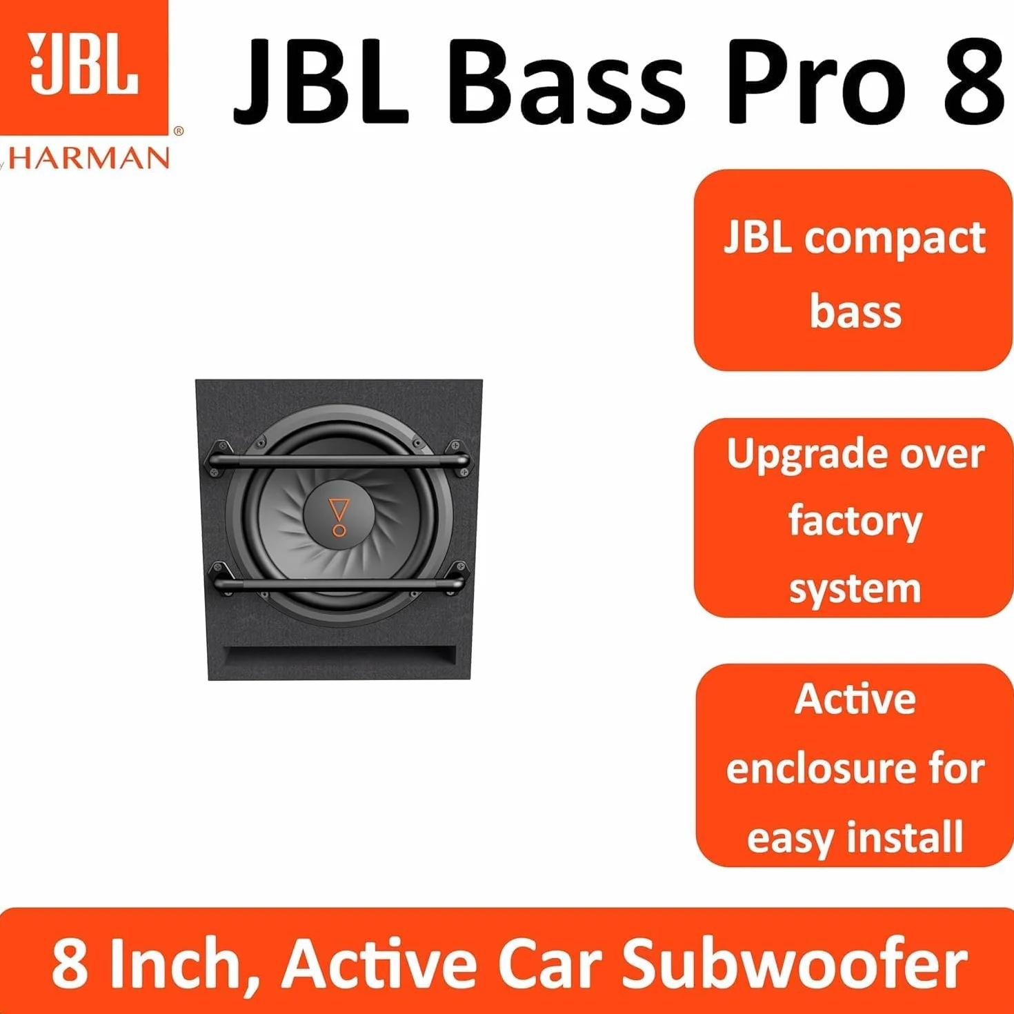 JBL BassPro 8 aktywnych subwooferów 8 cali (200 mm), 100 W RMS / 240 W szczyt, wbudowany wzmacniacz, bass reflex, wejścia RCA i wysoki poziom, wzmocnienie basów, pilot, kompaktowy i mocny