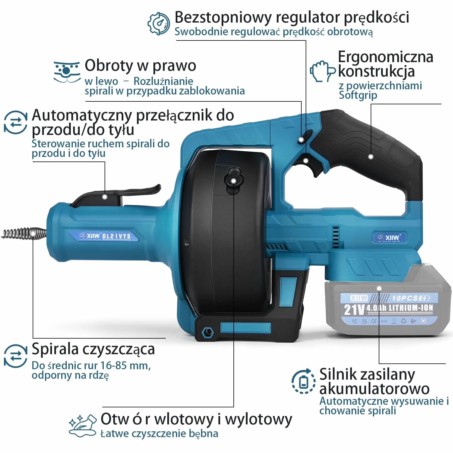 Akumulatorowa maszyna do czyszczenia rur 21V 610 obr./min | z 2x akumulatorami 4,0Ah | Ø9mm 7,6M spirala do czyszczenia rur do rurociągów Ø16-85 mm, elektryczny czyszczyk odpływów, czyszczyk rur