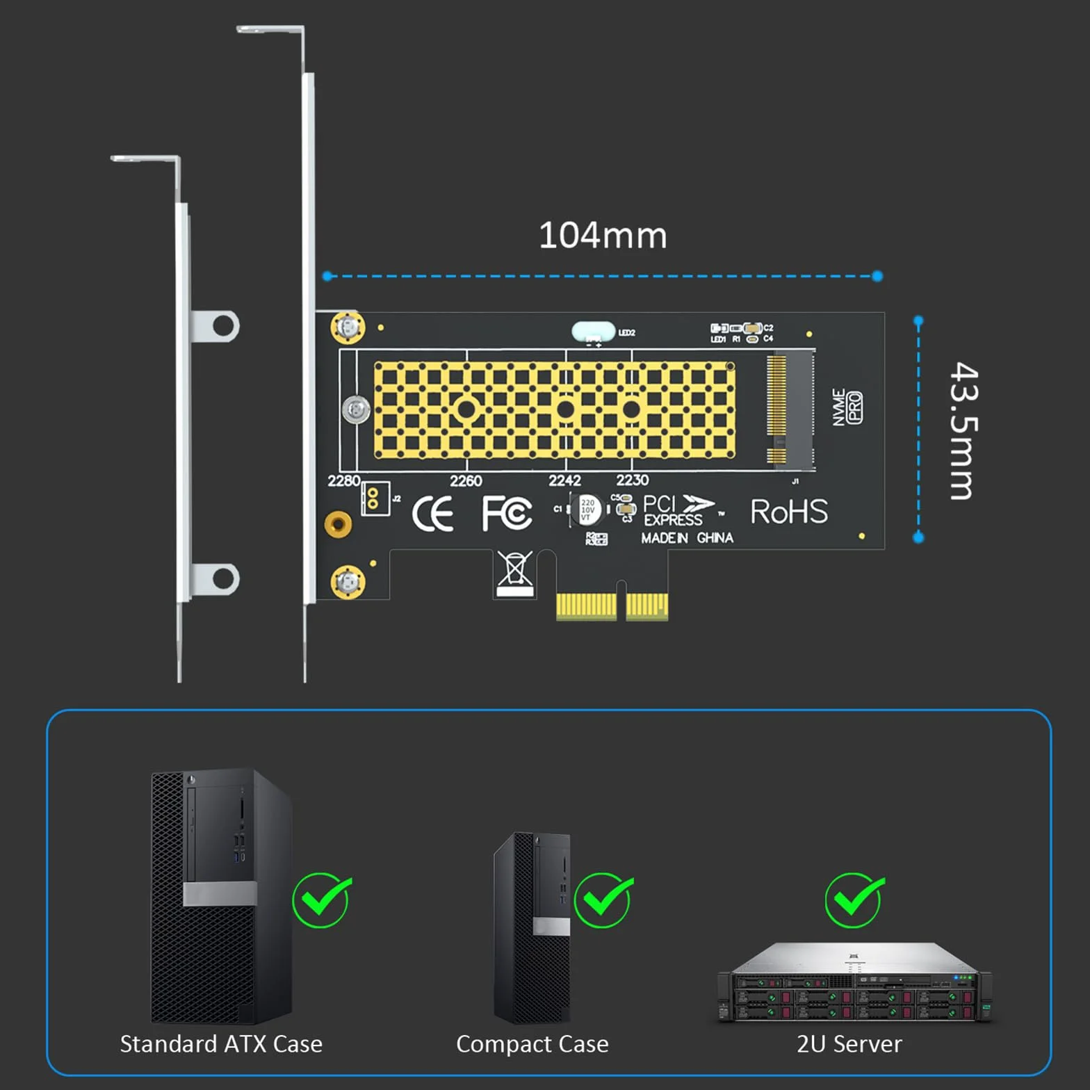 GLOTRENDS PA09-X1-HS Adapter M.2 NVMe na PCIe X1 z radiatorem dla 2230/2242/2260/2280 SSD