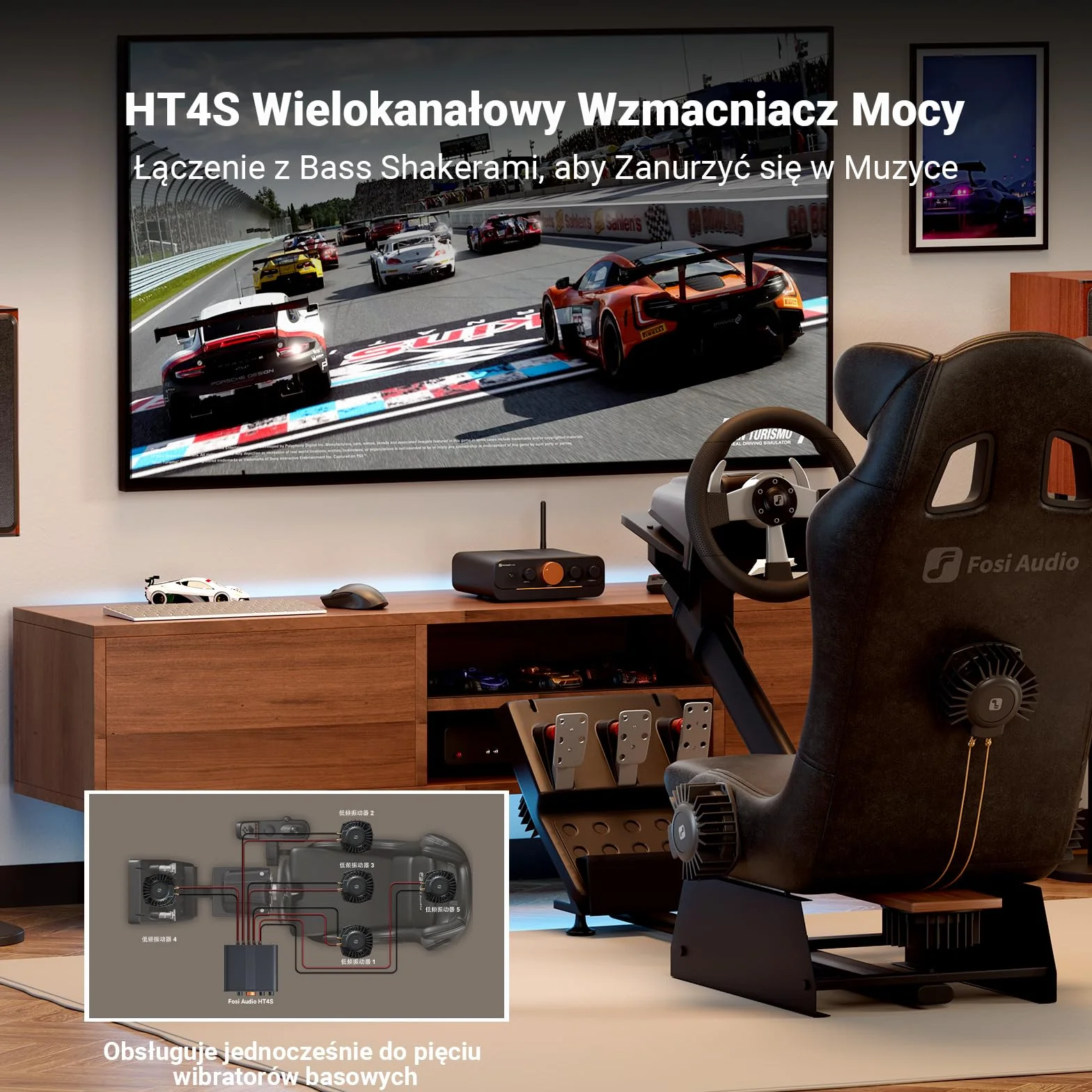 Fosi Audio HT4S Wzmacniacz Bluetooth do Głośników Zewnętrznych, 4-Kanałowy Wzmacniacz Mocy do Kokpitu Wyścigowego Bass Shaker Sim, Stereofoniczny Domowy Odbiornik Audio 4.1/5.0 CH