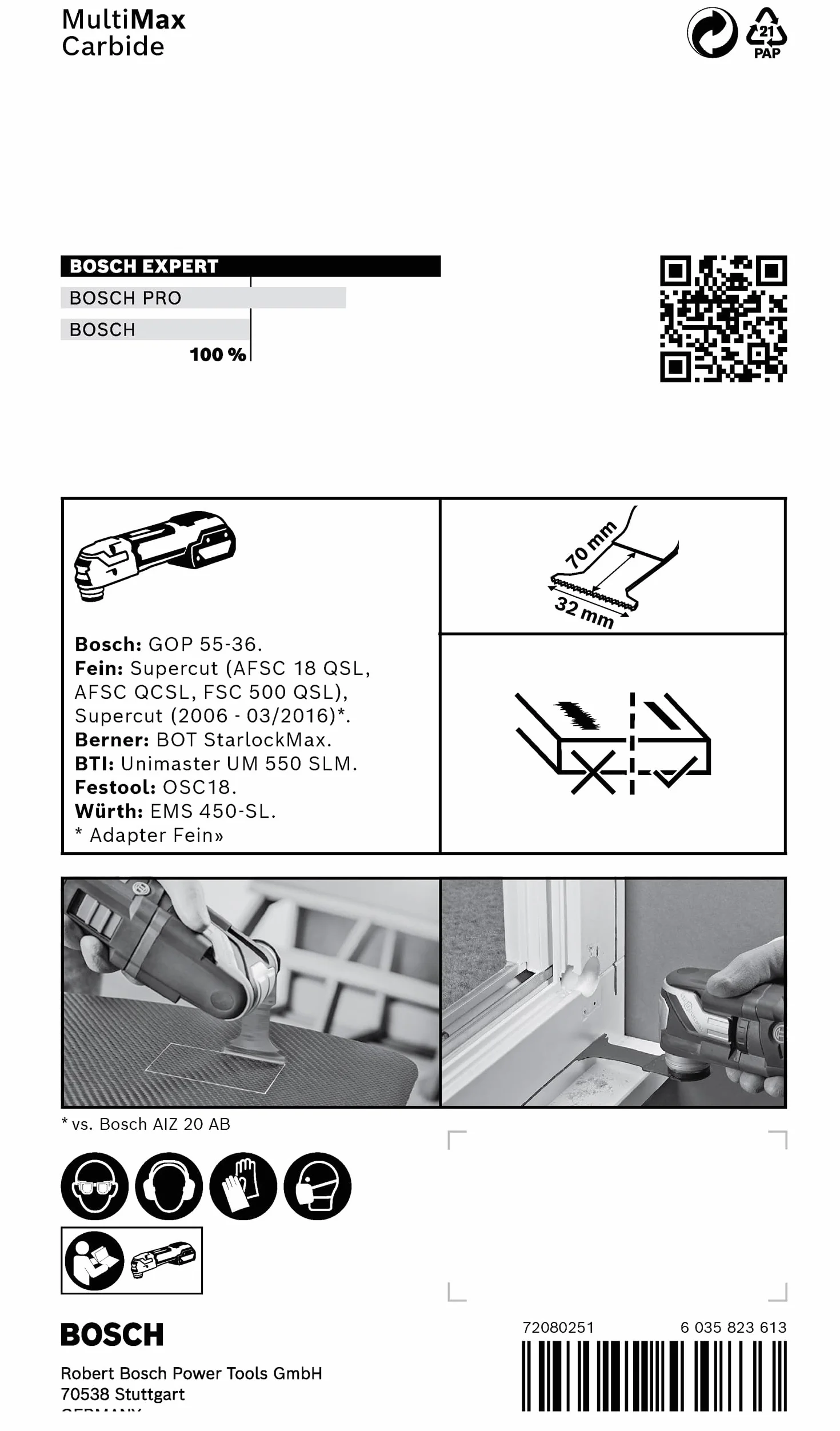 Bosch Professional 1x Brzeszczoty do cięcia wgłębnego EXPERT MultiMax MAII 32 APIT do Blachy ze stali nierdzewnej; Tworzywa włókniste GFK, CFK; Płyty z cementem włóknistym; Cegła, Szerokość 32 mm