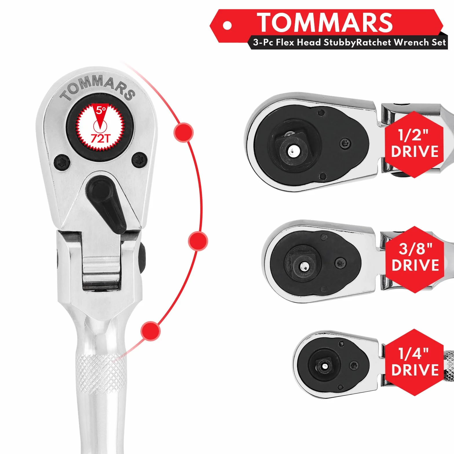TOMMARS Flex-Head Stubby Zestaw grzechotkowy, 1/10.2 cm, 3/20.3 cm, 1/5.1 cm, elastyczny mini klucz z grzechotką, 72-zębowy szybkozłączny, odwracalny