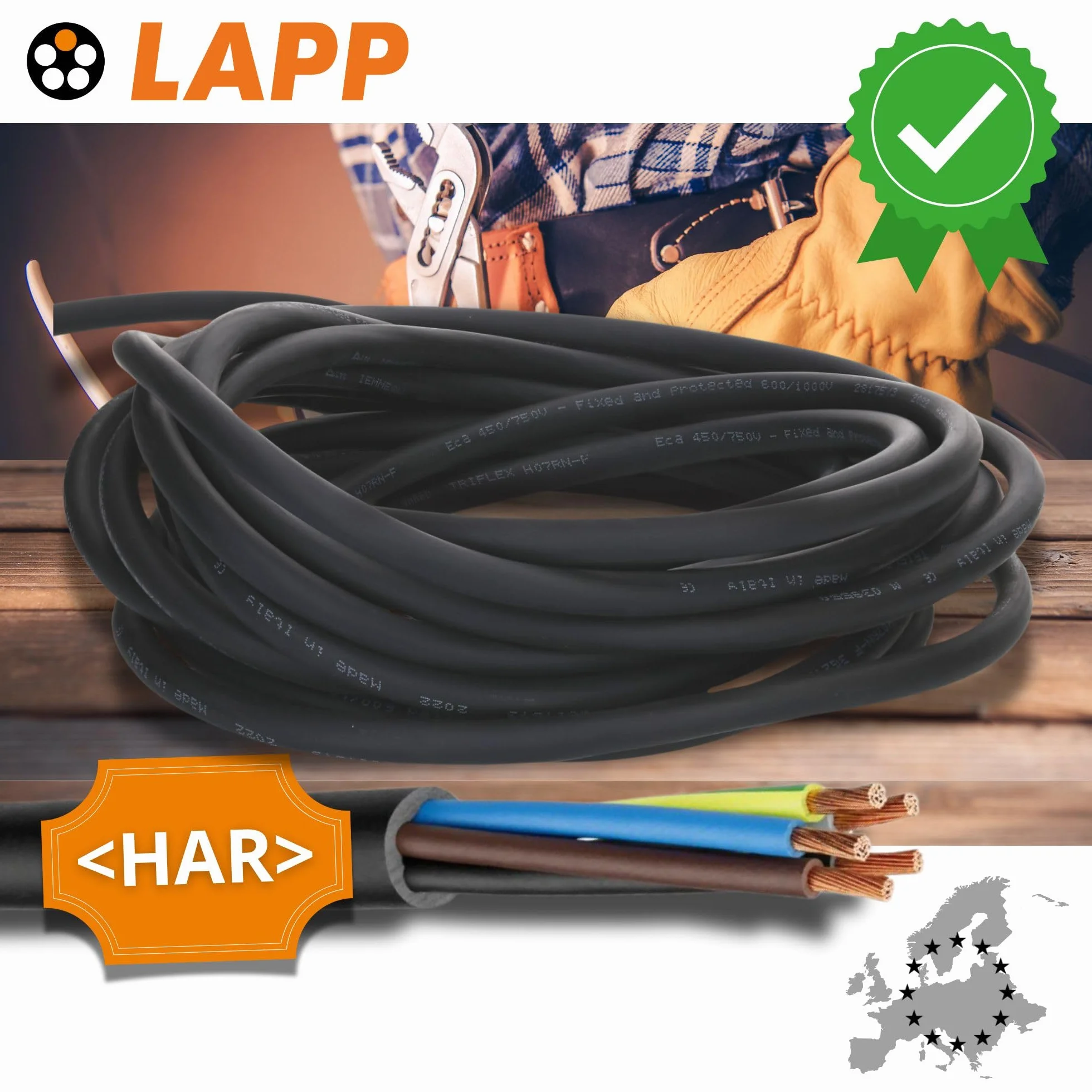 Lapp 10m Kabel Gumowy H07RN-F 7G1,5 - Elastyczny Przewód Zasilający | Przewód przyłączeniowy odporny na UV i olej, 7x1,5 mm², do użytku na zewnątrz, budowy oraz maszyn, trudnopalny