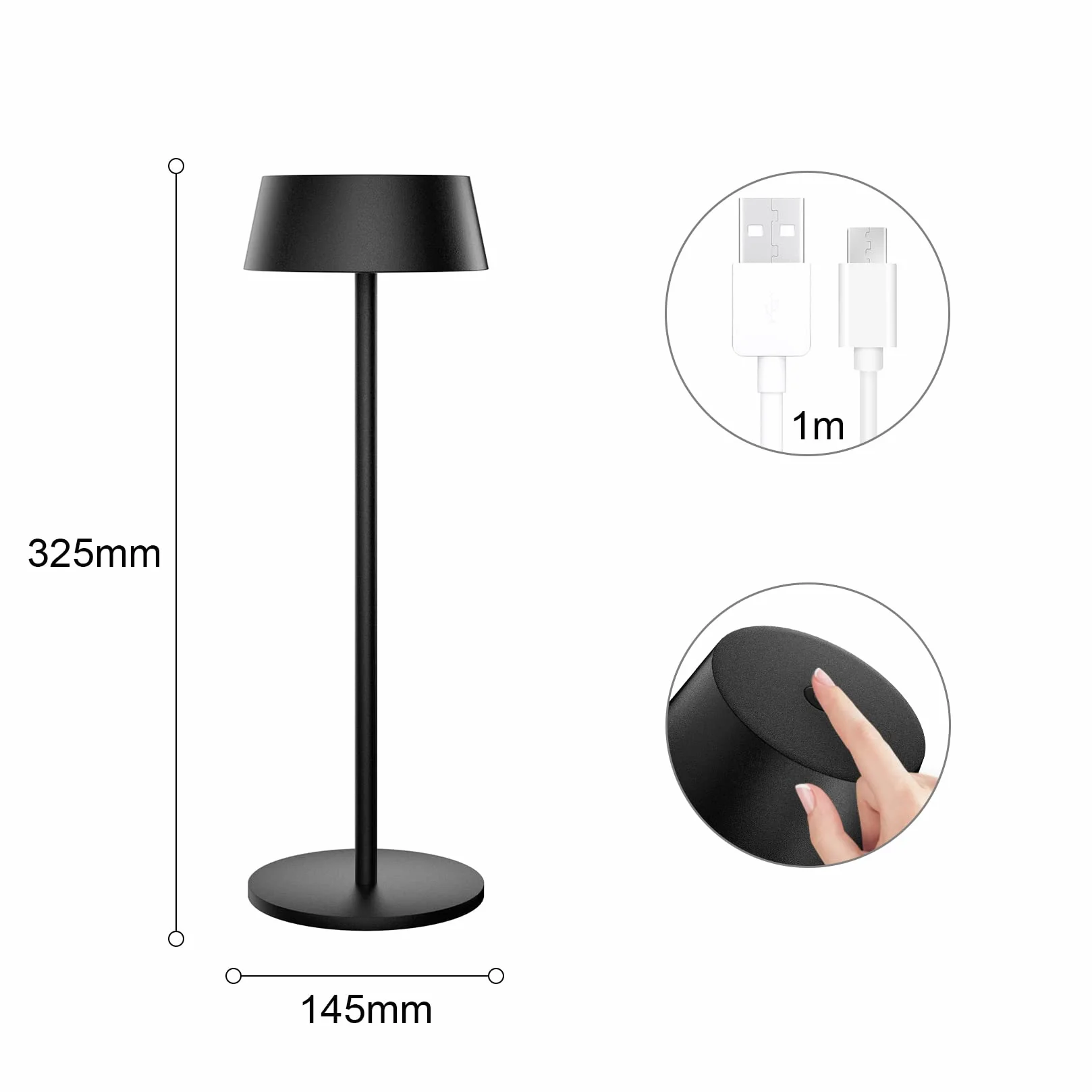 K-Bright przyciemniana lampa stołowa LED z akumulatorem, ładowalna, ciepła kolorystyka światła, 3000K, wodoodporna lampa biurkowa do użytku wewnętrznego i zewnętrznego, 1 metr USB-C, czarna (2 sztuki)